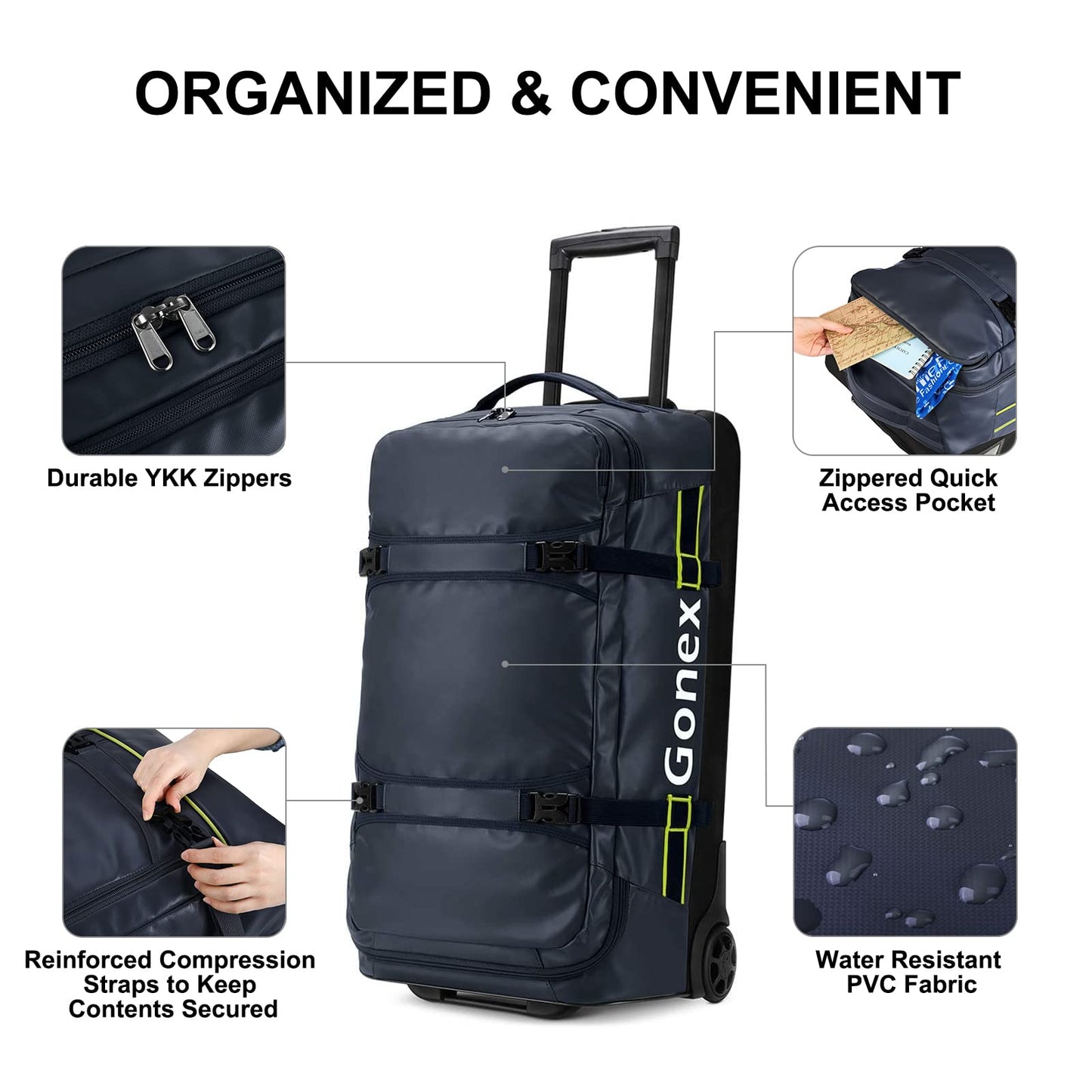 Gonex Rolling Duffle Bag with Wheels, 70L Water Repellent Wheeled Travel Duffel Luggage with Rollers 25 inch, Navy