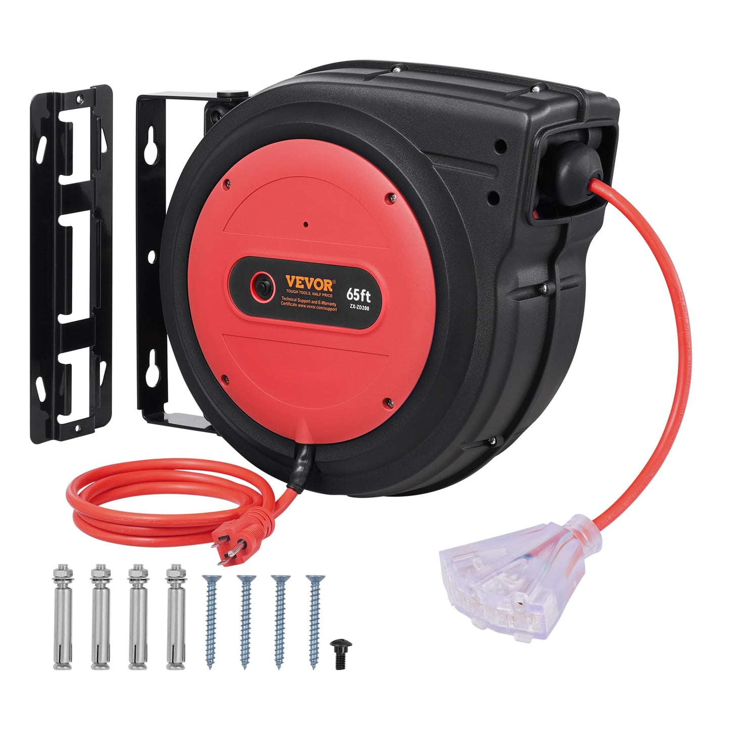 VEVOR Retractable Extension Cord Reel, 65 FT, Heavy Duty 12AWG/3C SJTOW Retractable Power Cord with Lighted Triple Tap Outlet, 15 Amp Circuit Breaker 180° Swivel Bracket for Ceiling or Wall Mount