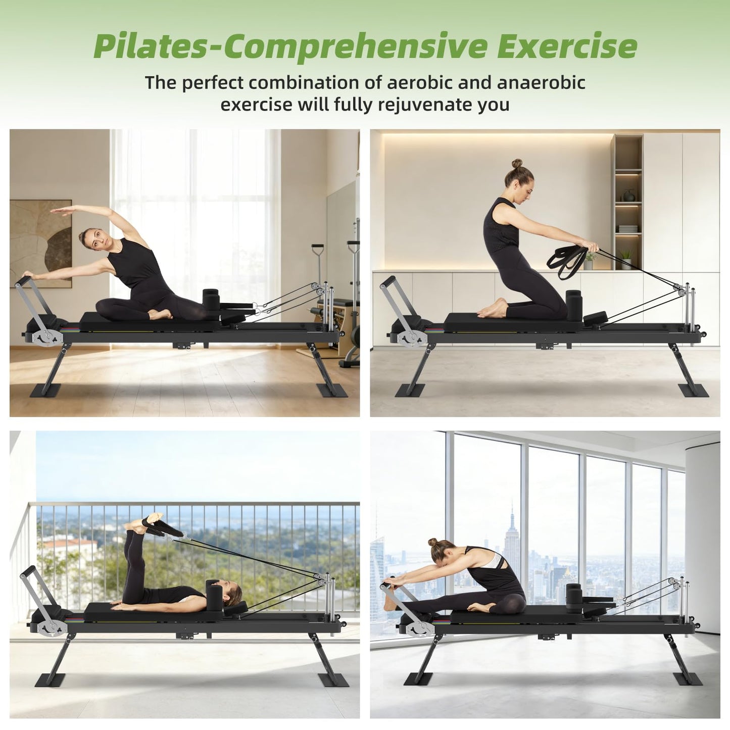 Foldable Pilates Reformer Machine for Home Gym, 77.5'' Pilates Reformer Bed with 5 Adjustable Resistance Bands, Upgraded Rope Adjuster System Supports 400lbs, Professional Pilates Equipment