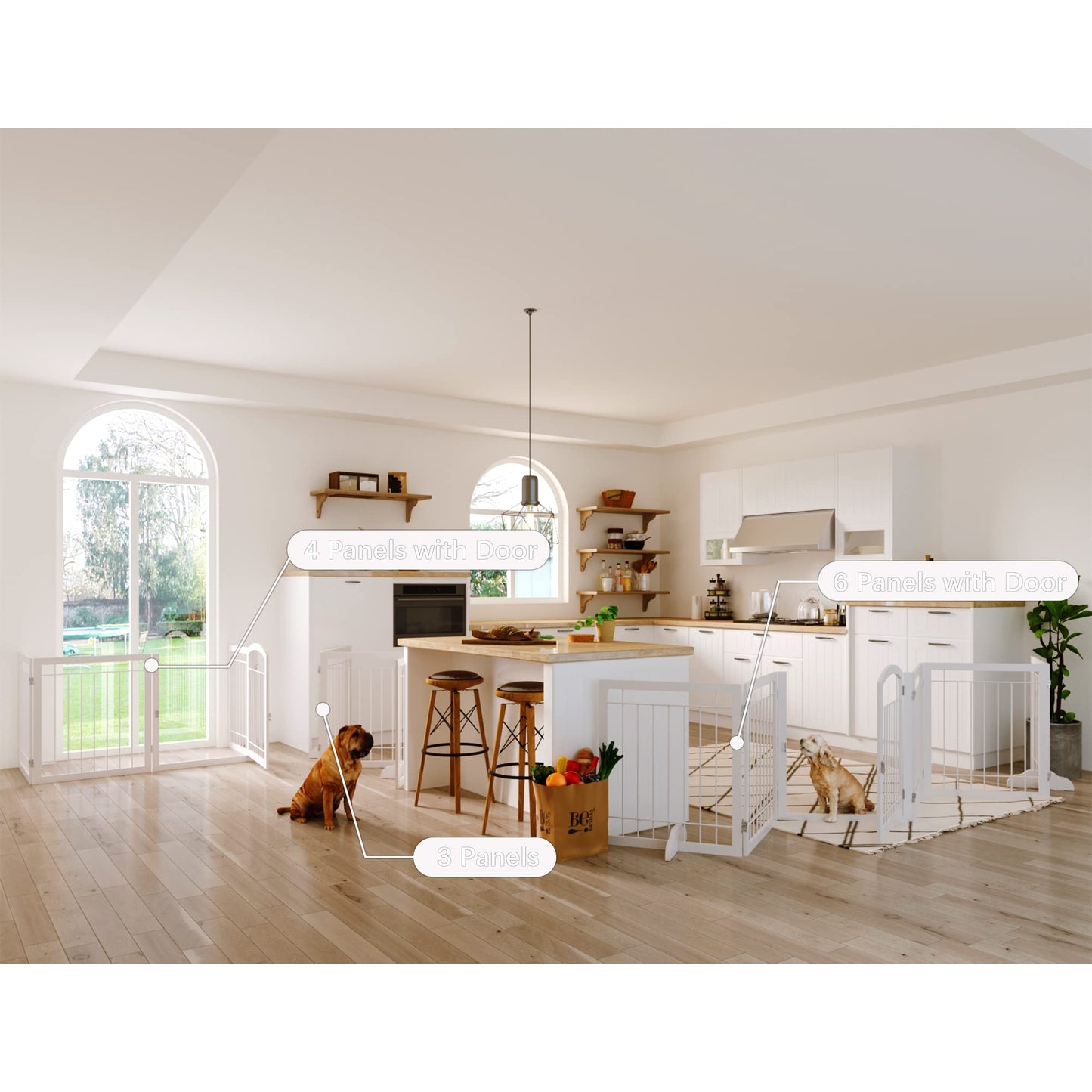 JSB 144-inch Extra Wide 30-inch Tall Dog gate with Door Walk Through, Freestanding Pet Gate for Halls, Stairs & Home, Pet Puppy Safety Dog Fence with 2PCS Support Feet (White)