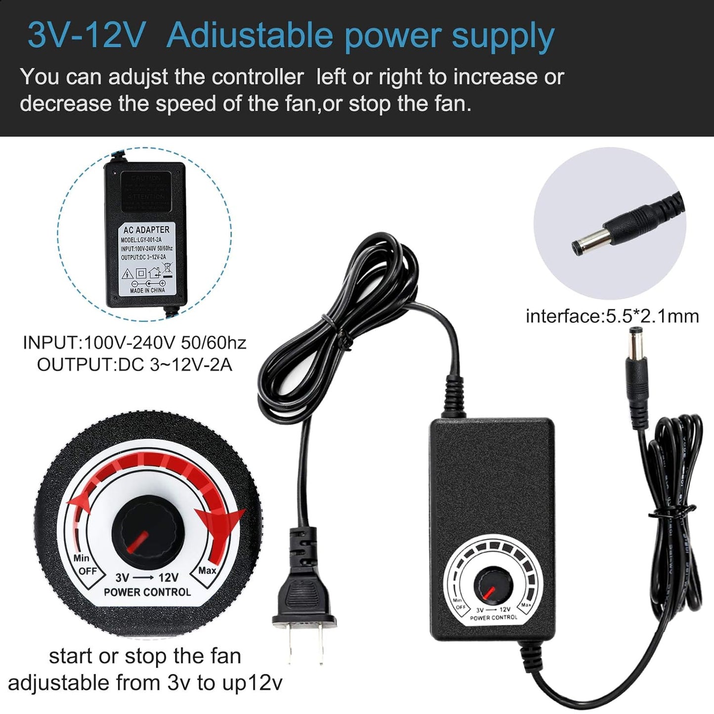 120mm 12V 110V 115V 12V 2A DC Blower Cooling Fan, AC to DC Power Cord with Speed Controller,for Router Receiver DVR