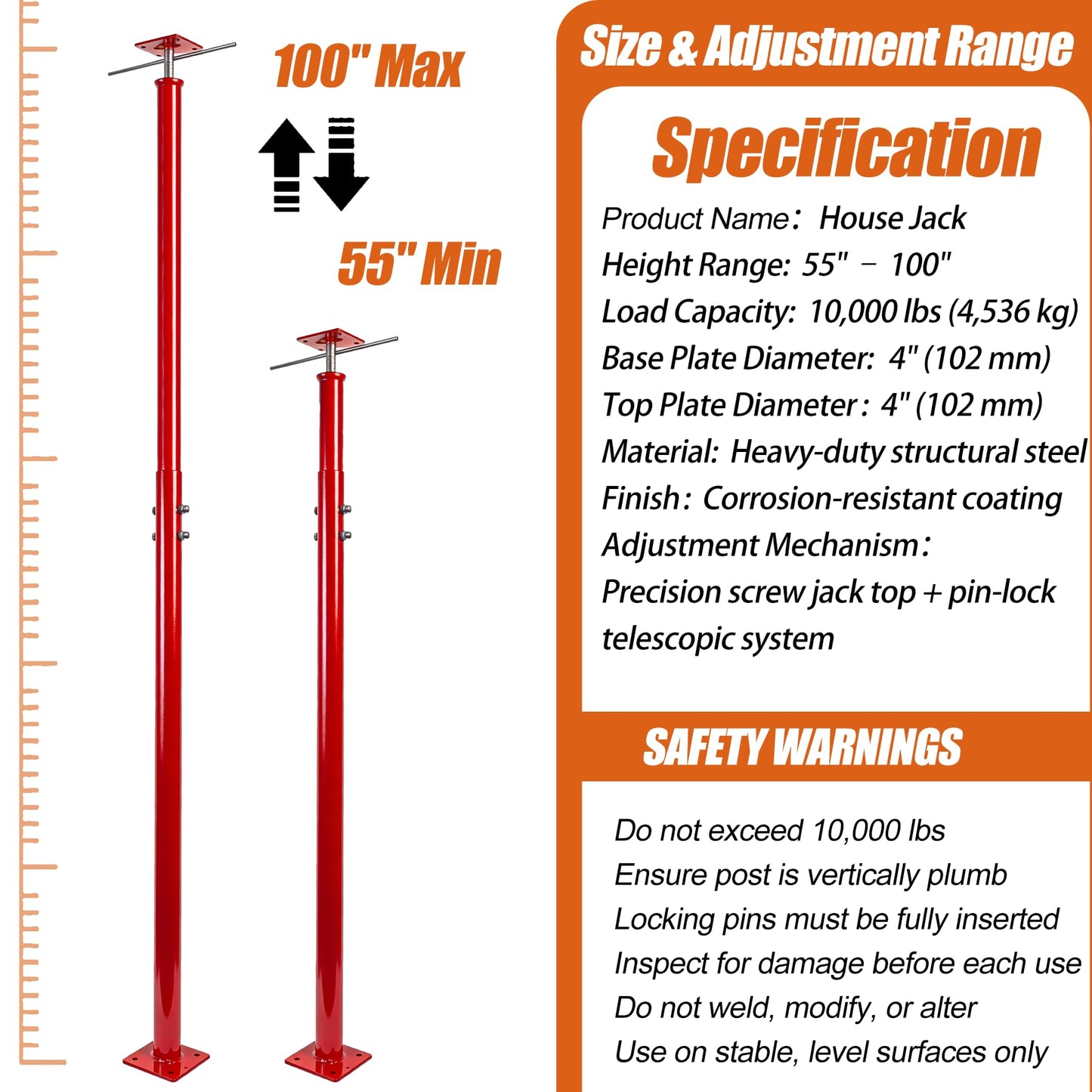 Adjustable House Jack Post, 55" - 100" Heavy Duty Steel Support Pole Jacks, 10000 lbs Load Capacity, Floor to Ceiling Telescopic Jack for Leveling, Framing, Basement, Crawlspace, Beam & Roof Support