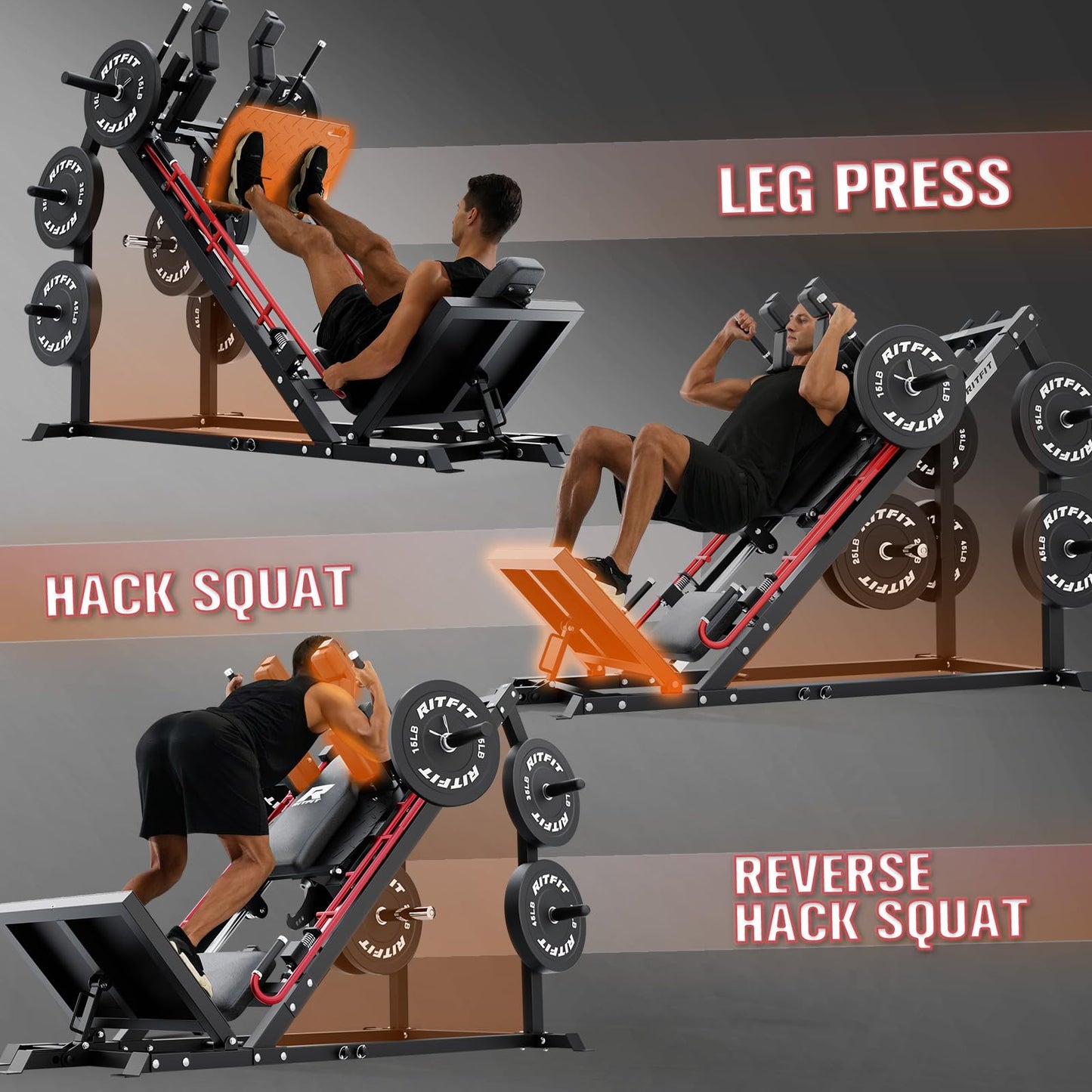RitFit Gazelle Pro 3 in 1 Leg Press and Hack Squat Machine - High-Tensile Steel Leg Press Machine, 2000lbs Capacity, Adjustable Angles with Weight Storage