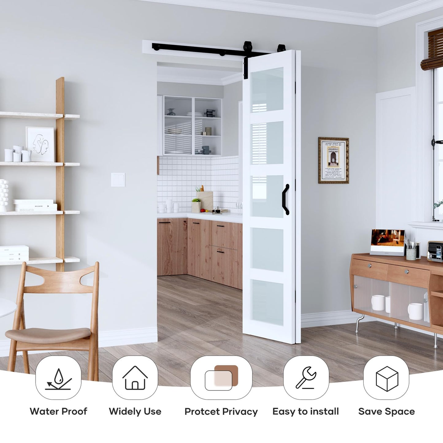 EaseLife 42"x 84" (Double 21" x 84") Bifold Barn Door, Bifold Sliding Barn Door with Hardware Kit, Solid MDF Wood Slab Covered with Water-Proof PVC Surface, 5 Frosted Glass Panels, Assembly Required