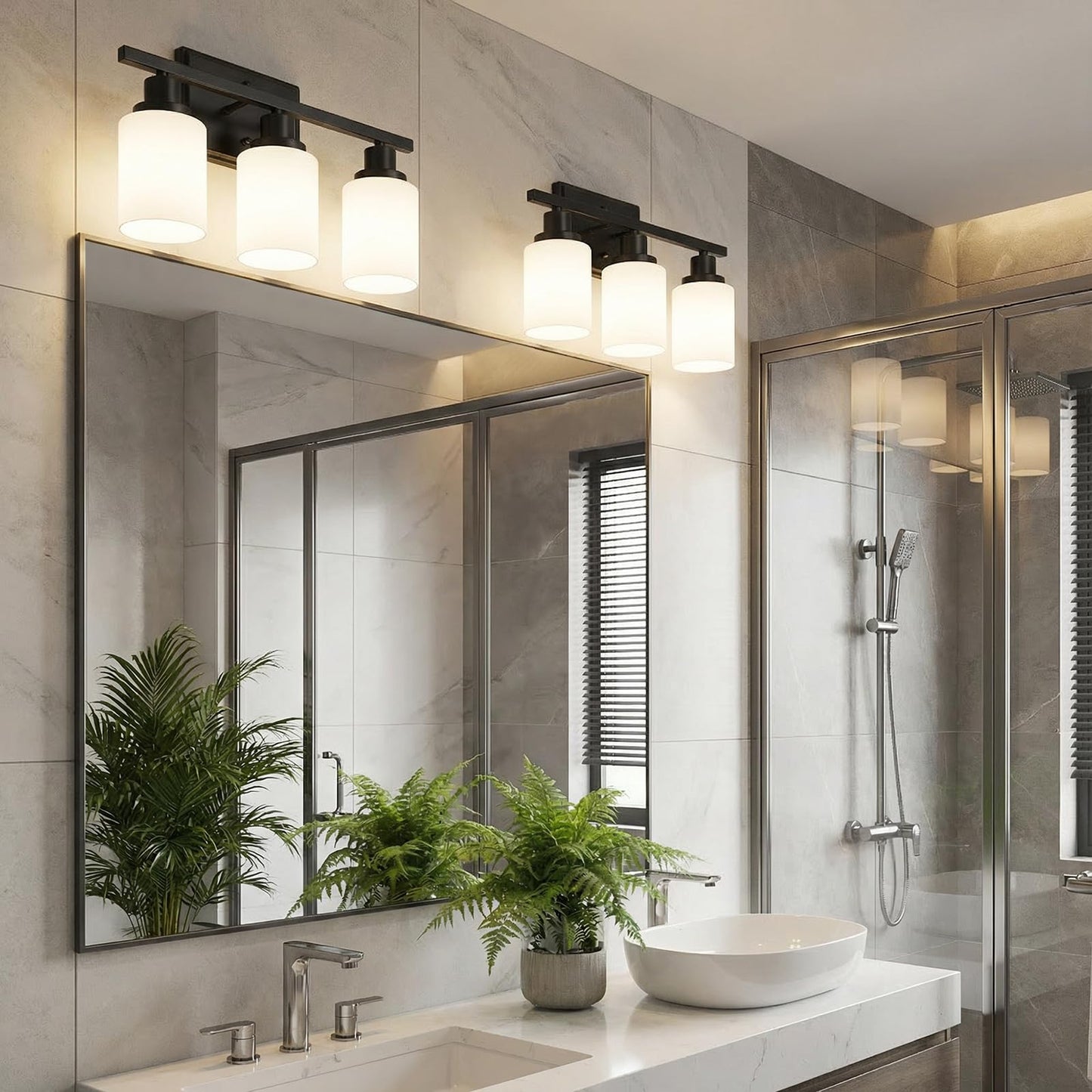Ascher Bathroom Light Fixtures, 3-Light Vanity Light Over Mirror, Modern Matte Black Wall Sconces with Milky White Shades, Wall Lamp for Kitchen Hallway Cabinet Porch E26 Base