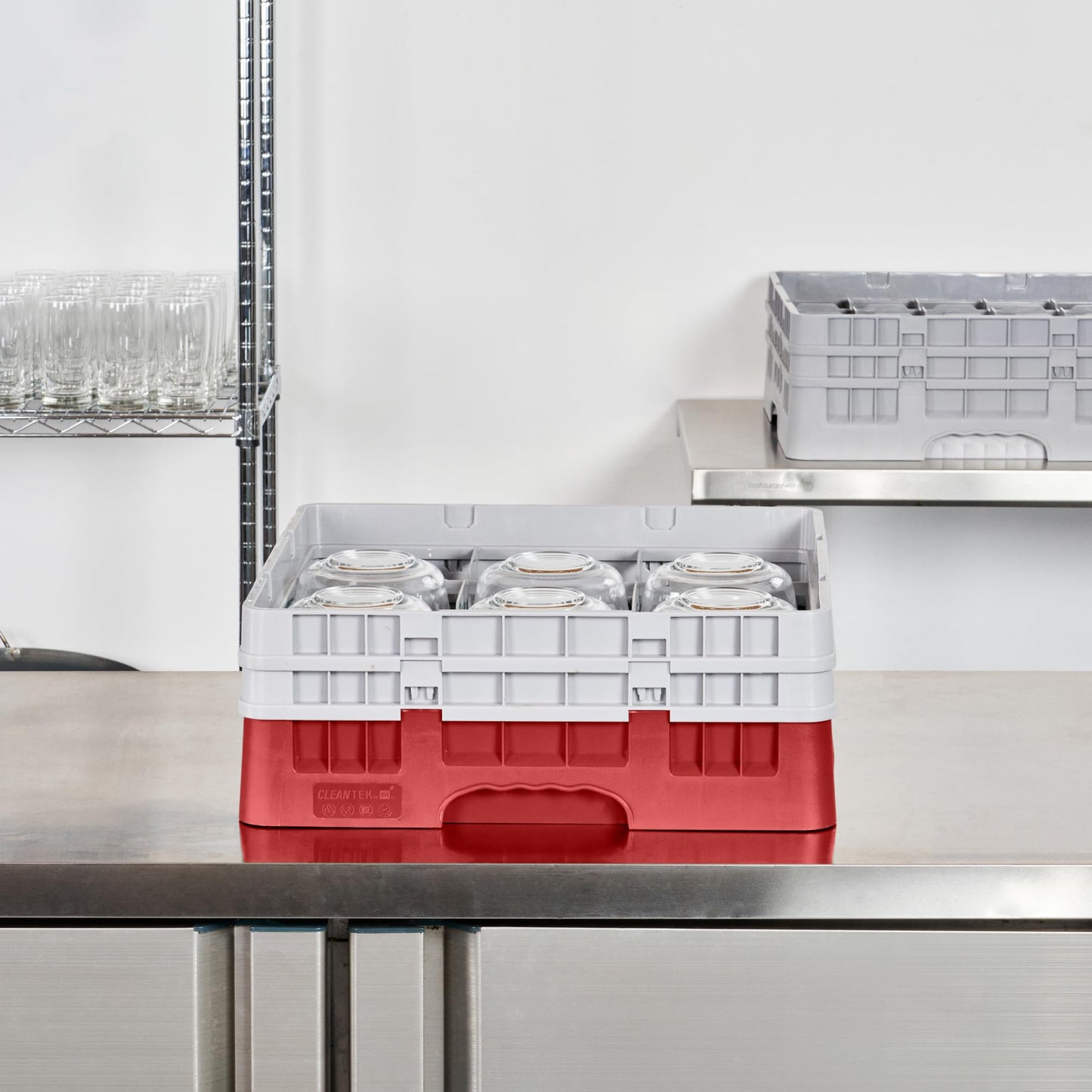 Restaurantware Clean Tek Professional 9 Compartment Glass Rack,1 Heavy Duty Durable Tray, With 1 Full Drop Extender and 1 Half Drop Extender, Red Glass Holder For Restaurants, Bars, and Pubs