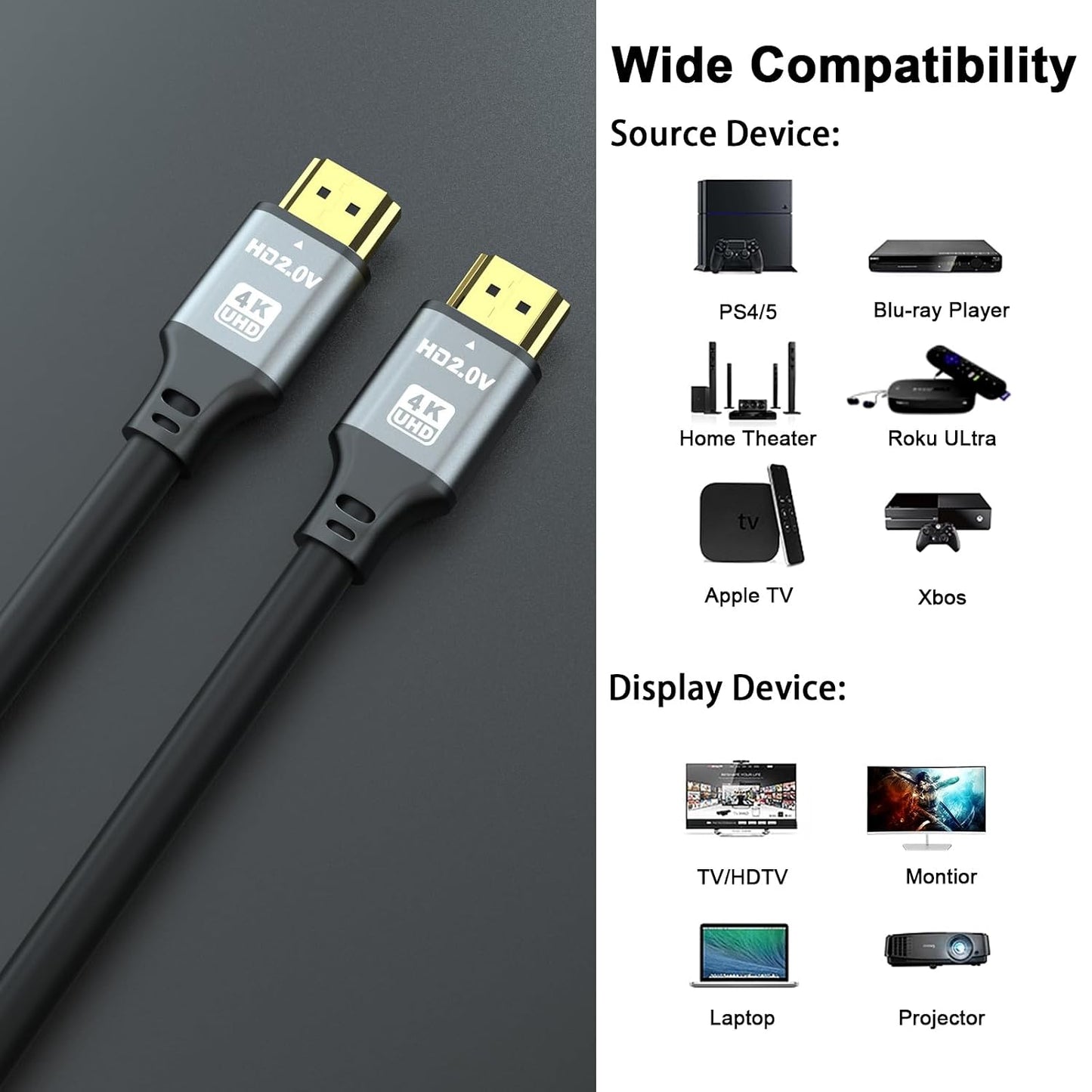 25 4K 18Gbps 2.0, PS5/PS4, FT HDMI Cable, High Speed HDMI Ultra HD, Ethernet, ARC, HDR Compatible with Xbox, HDTV