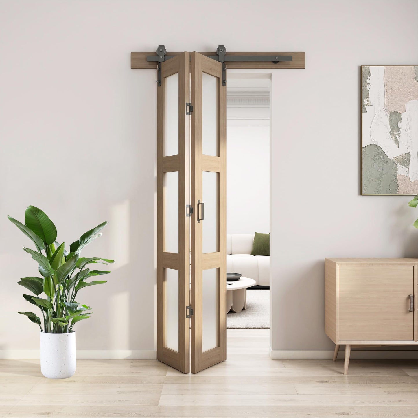 JUBEST Bifold Glass Barn Door, 30Inch Bi Fold Sliding Barn Door Kit with Hardware Include, 3-Panel Glass Barn Door Slab, Solid Wood Barn Door with MDF & Water-Proof PVC Surface, Brown