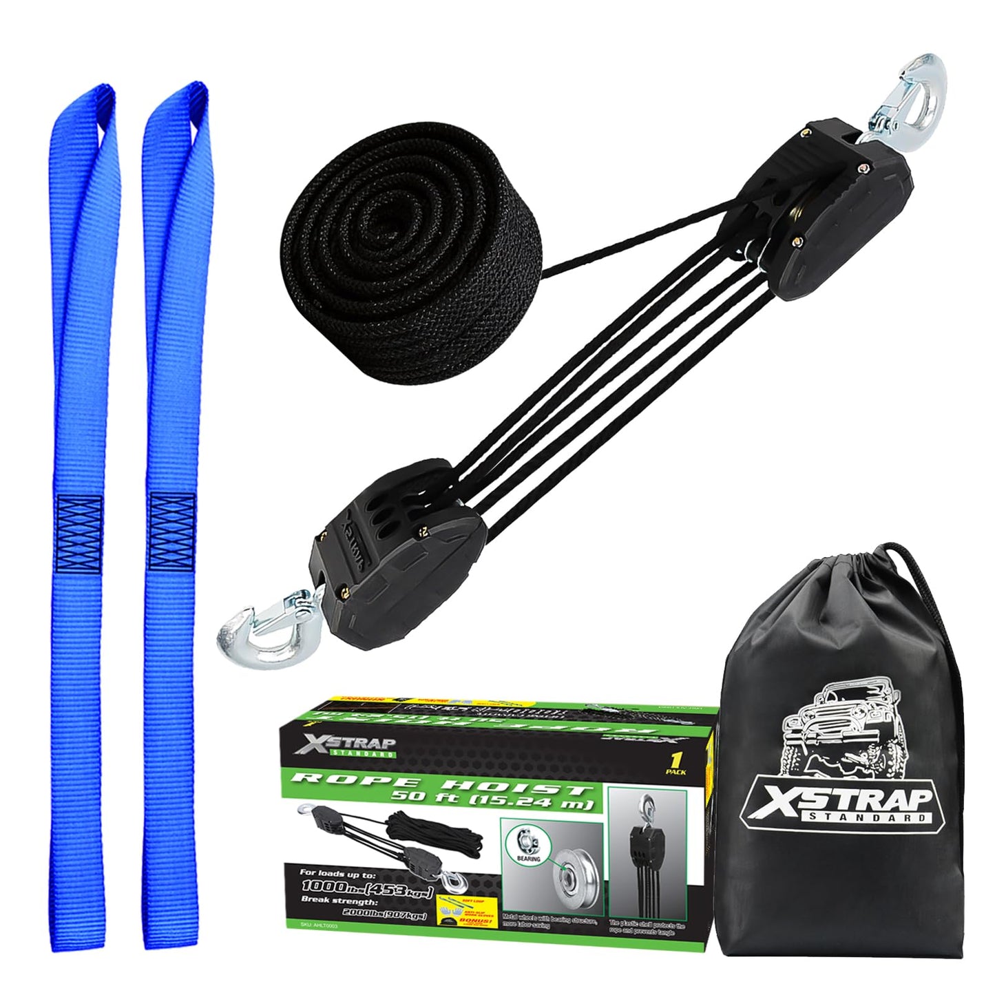 XSTRAP Rope Hoist 50 Feet Block and Tackle Pulley System for Lifting Heavy Objects, Heavy-Duty 2000 LBS Breaking Strength with 2PK Soft Loops, 5:1 Lifting Power Pulley Hoist (Upgraded Black)