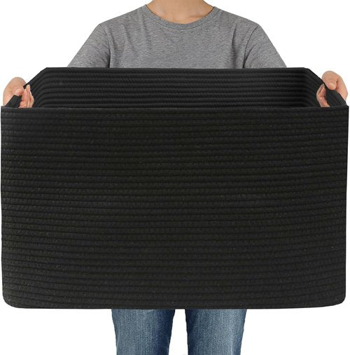 JMvicyroam Woven Blanket Storage Basket - 65L Large Decorative Bin for Toys & Clothes | Black with Handles