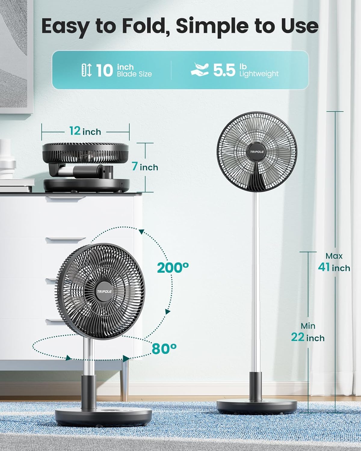 TriPole 12" Portable Rechargeable Standing Fan - Foldable Design, Remote Control, 6 Speeds, Adjustable Height, Black