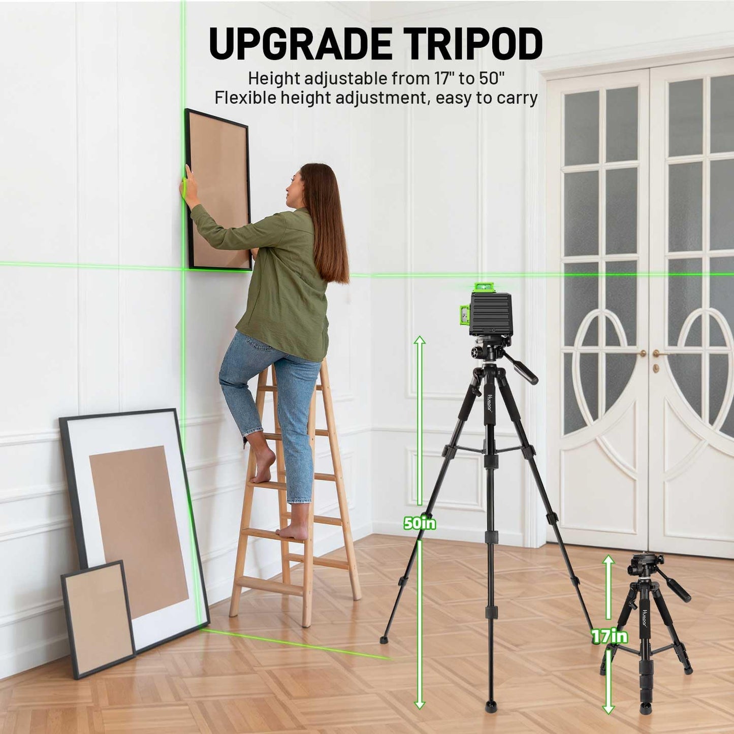 Laser Level 360 Self Leveling with 50" Tripod, Huepar 3x360° High Brightness Green Laser Leveler Tool for Construction, Tile and Picture Hanging, 5200 mAh Li-ion Battery & 2 Portable Bag Included
