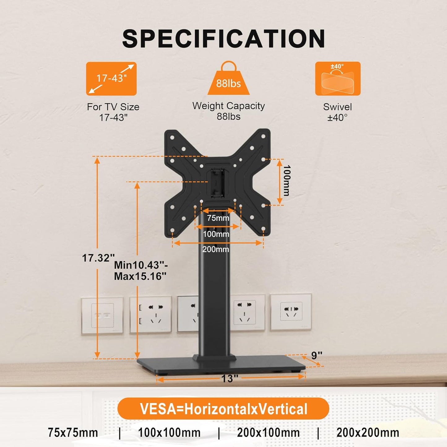 17-43 Inch 88lbs, 200x200mm, TS205 XINLEI Universal Swivel TV Stand Base Table Top TV Stand for TVs Height Adjustable
