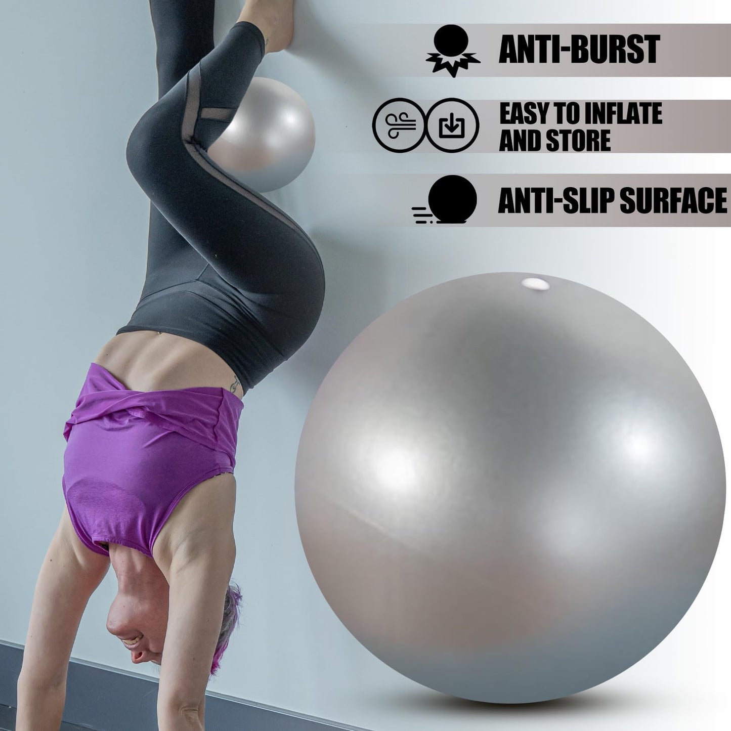 Minmex Small Exercise Ball Anti-Burst Non-Slip Stability 9 Inch，with Inflatable Straw Mini Pilates Balls Ideal for Yoga Exercise,Pilates Physical Therapy Stretching Core Fitness Silver