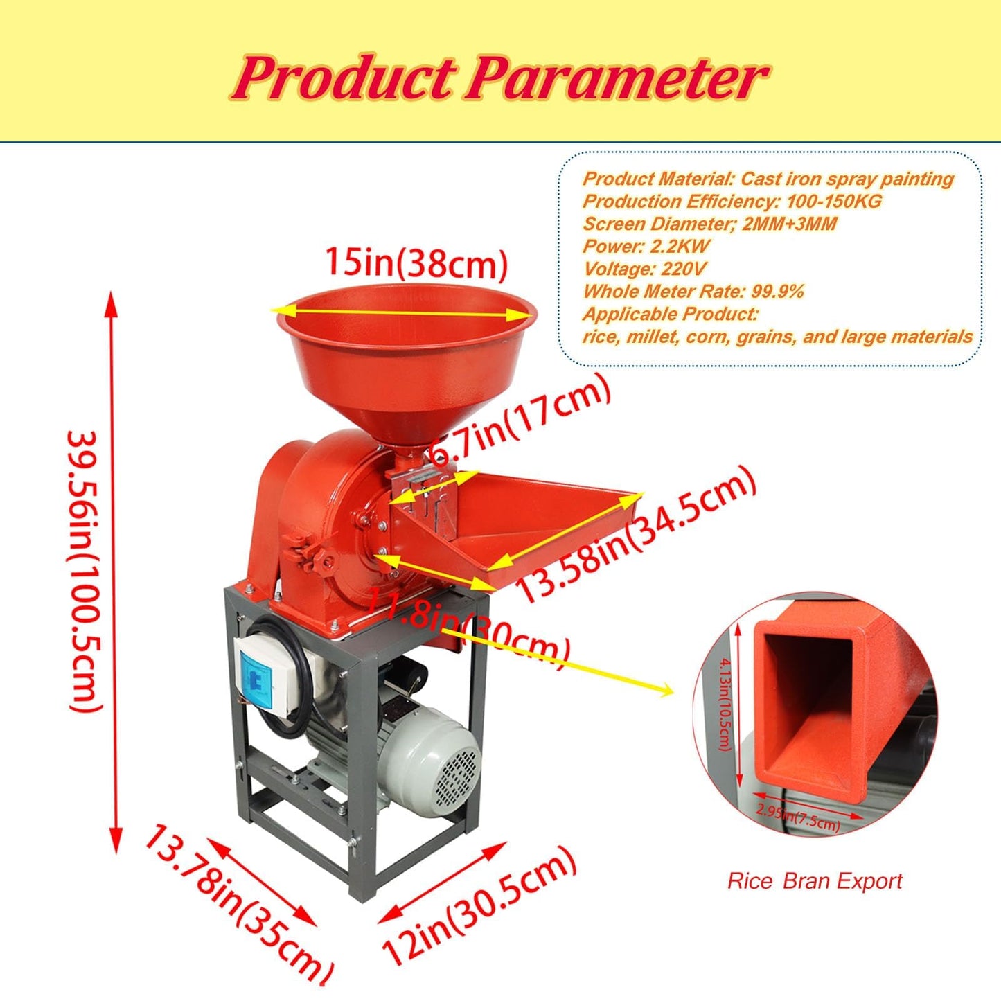 JARYANNIX 220v 2.2KW Commercial Corn Grind Machine with 2 Replace Screens, 330LB Grain Mill Grinder with 2 Feeding Hoppers,Cast iron Bean Mill Grinder
