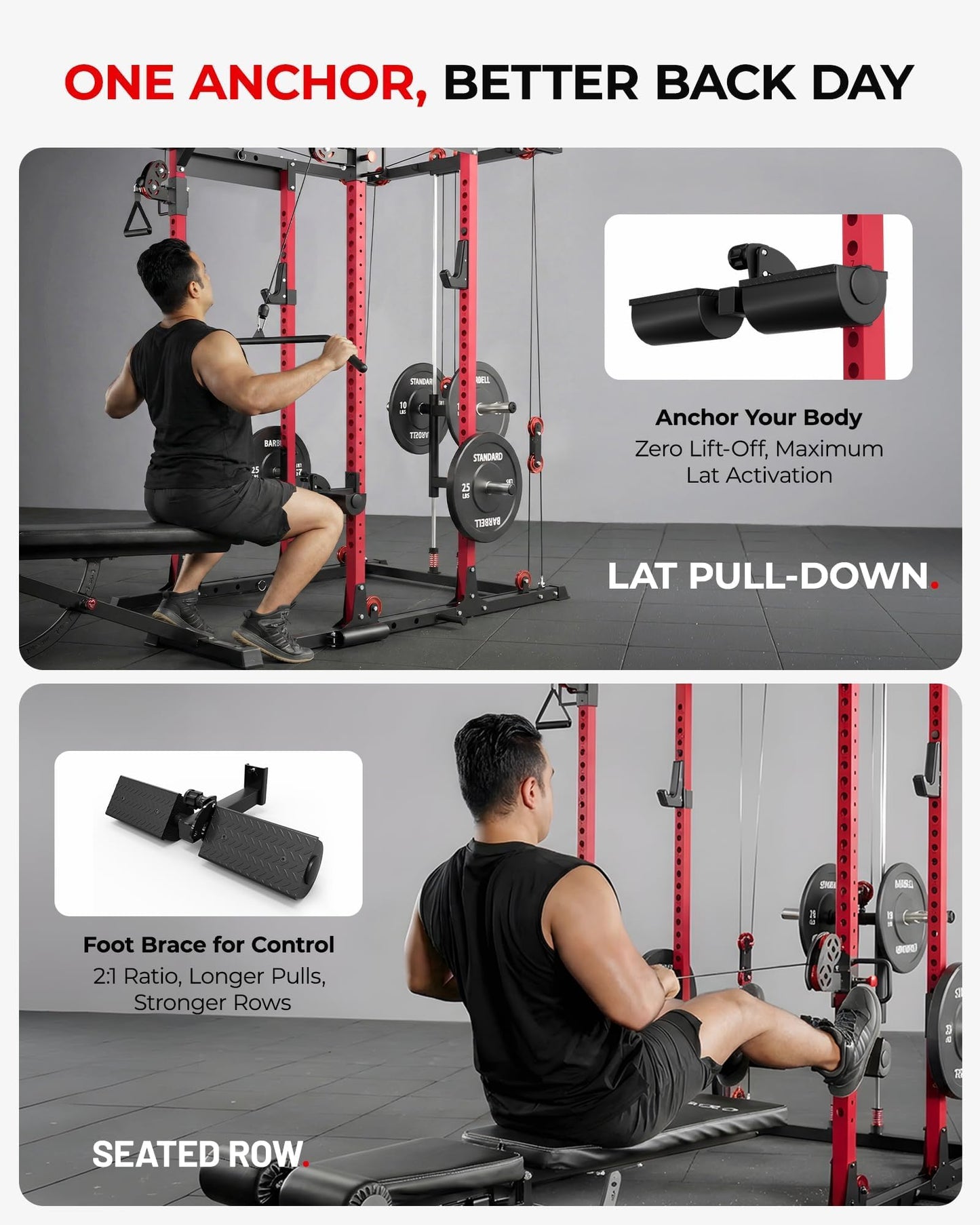 Mikolo K6 2.0 Power Cage, Power Rack with Cable Crossover System, 2000LBS Squat Rack with LAT Pull Down System, Functional Trainer with Aluminum Pulley System for Home Gym, Red
