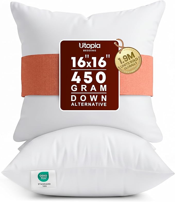 Utopia Bedding 16x16 Pillow Inserts, Set of 2, White – Indoor Decorative Throw Pillows for Bed, Sofa & Couch – Soft, Supportive & Fluffy Cushion Inserts