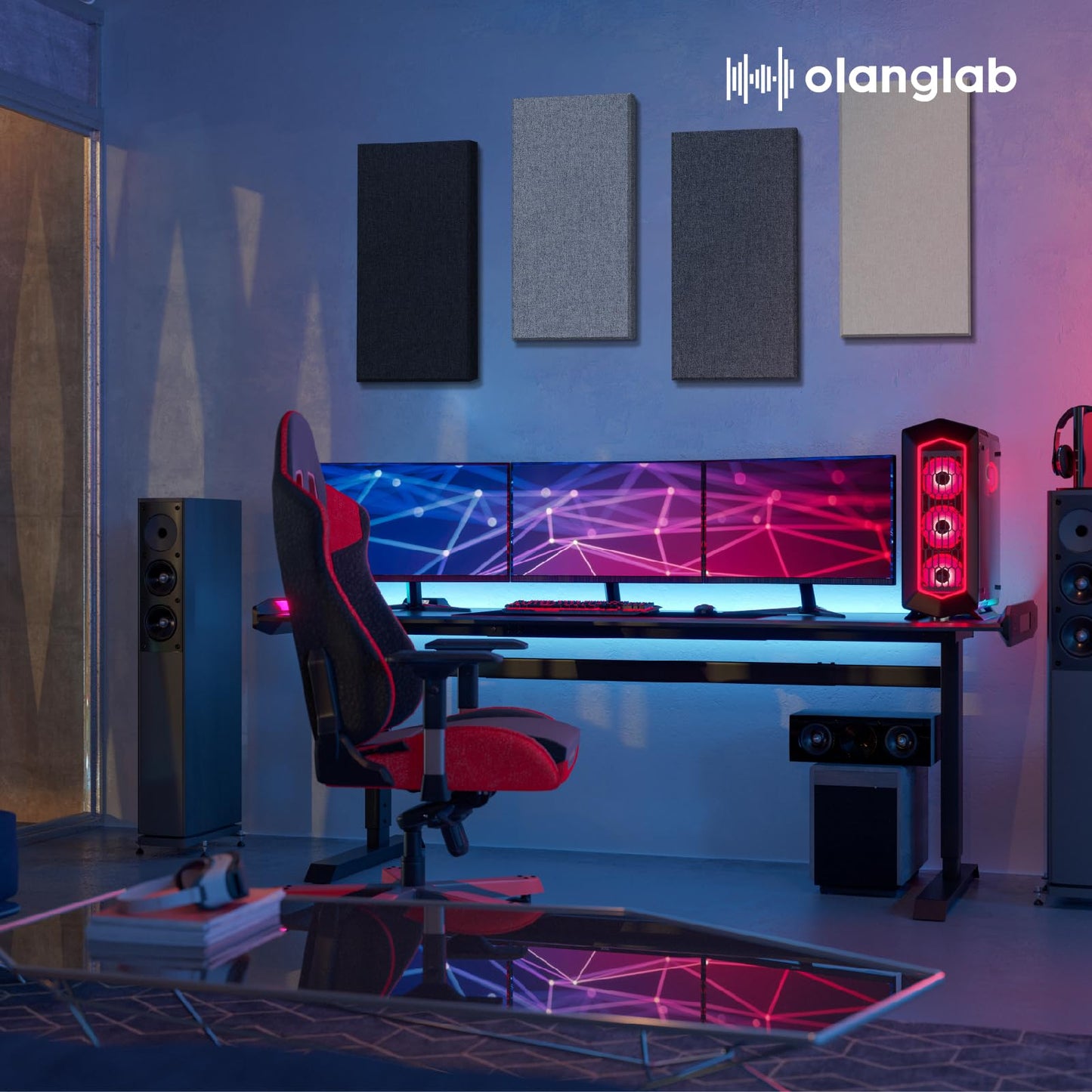 Olanglab Fiberglass Acoustic Wall Panels 4 Pack, 11.8'' x 23.6'' Sound Panels, Fabric Wrapped Sound Proof Panels for Walls (Light Gray)