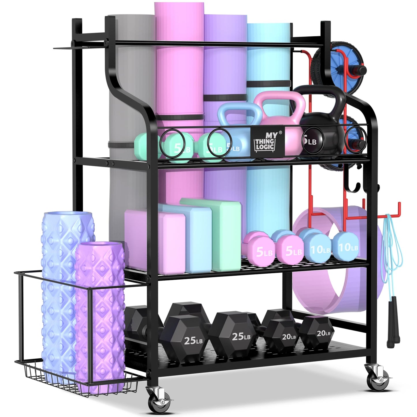 Mythinglogic Yoga Mat Storage Racks for Home, Gym Rack for Dumbbells Kettlebells Foam Roller, Yoga Strap and Resistance Bands, Workout Equipment Organizer With Hooks and Wheels