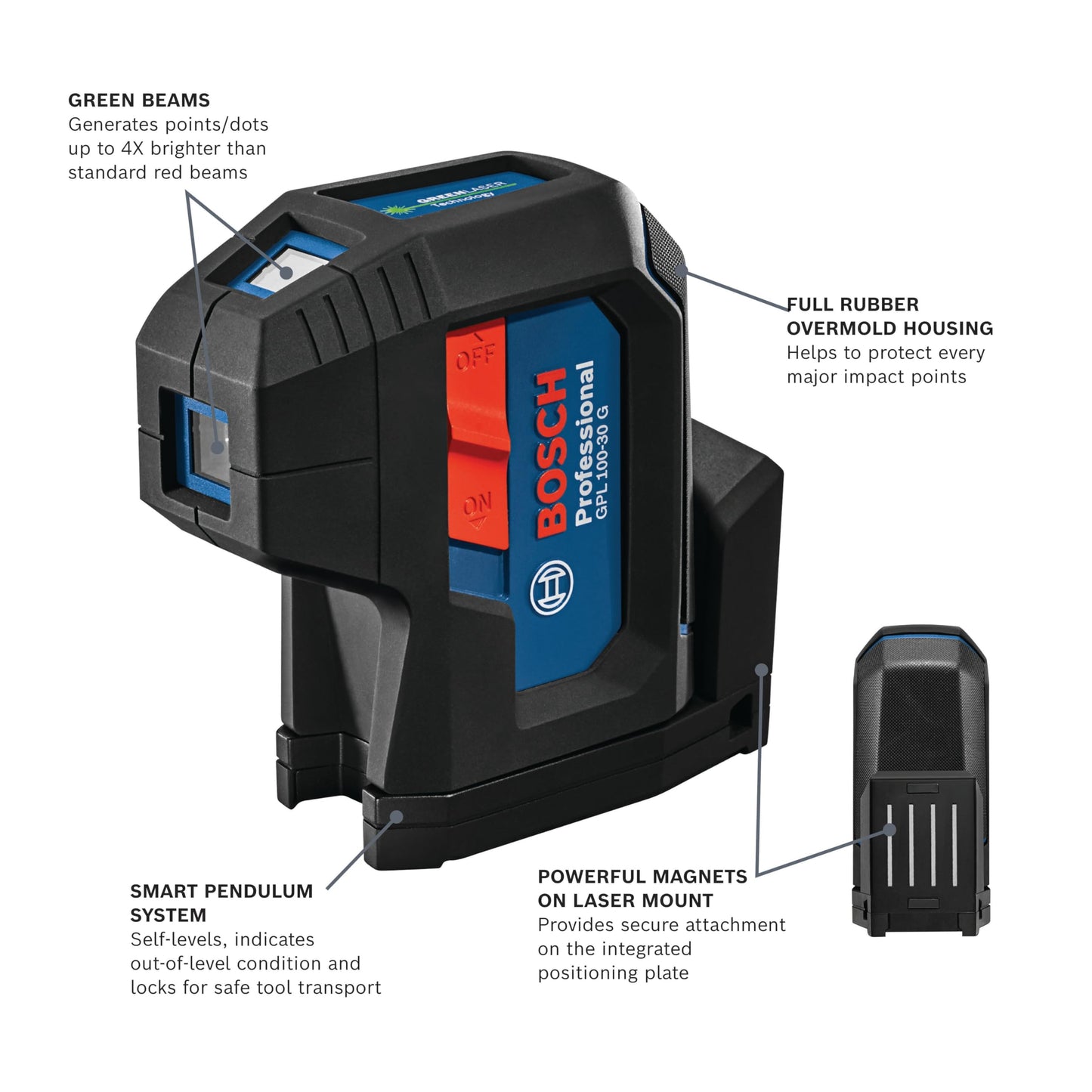 BOSCH GPL100-30G Green-Beam Self-Leveling Alignment Laser, Includes 2 AA Batteries, Built-In Multipurpose Mount, & Hard Carrying Case