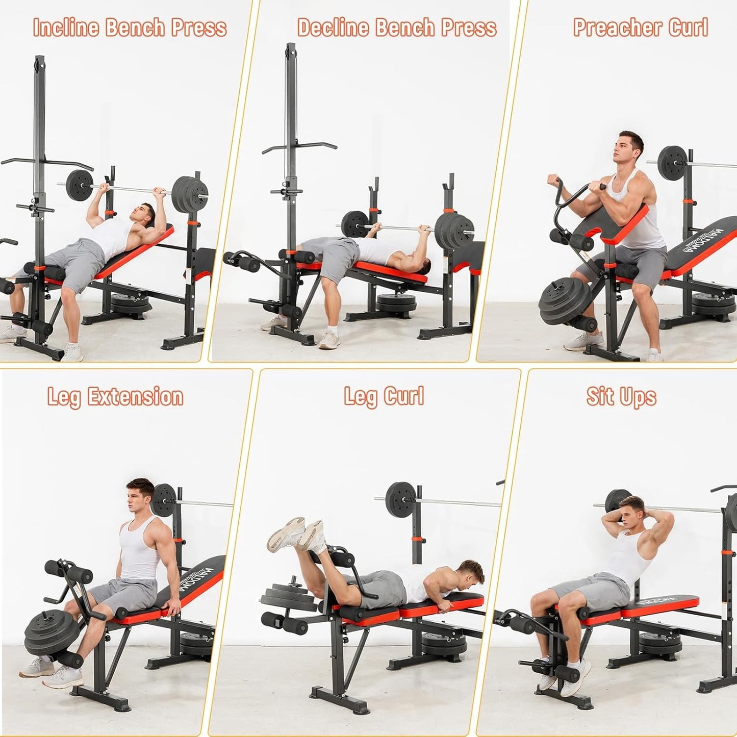 MAIDOMA Foldable 1500LBS 8 IN 1 Olympic Weight Bench Set with Squat Rack, Leg Extension/Curl & Preacher Curl, Adjustable Bench Press Set with Safety Bar Catches for Home Gym Full Body Workout