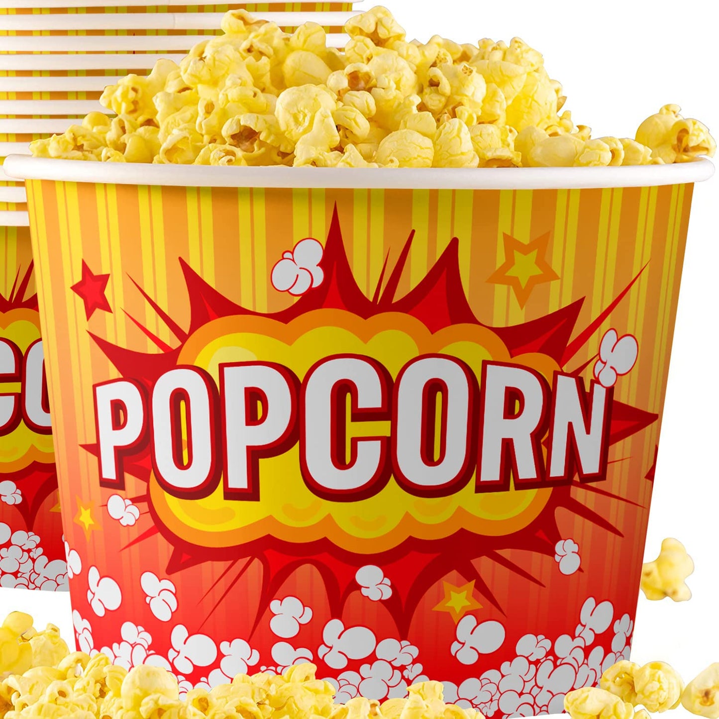 Greaseproof, Retro 85oz Popcorn Buckets 150 Pack. Durable Pop Corn Tubs in Red Yellow. Large Disposable Containers Perfect For Movie Night, Theme Party, Theater, Carnivals & Fundraisers