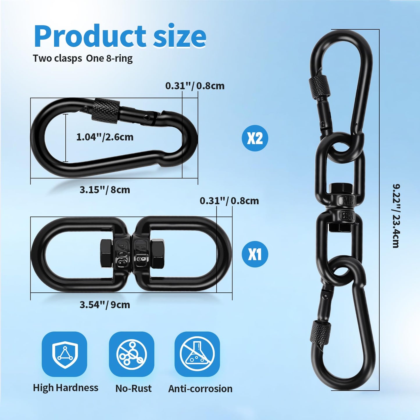 Aheucndg 1200 lb Capacity Heavy Duty Double Ended Eye Hook with Snap Hook, SUS304 Swivel Hooks 1Pack + Snap Hooks 2Pack, for Aerial Yoga, Hanging Hammock, Web Tree Swing, Swing Spinner M8