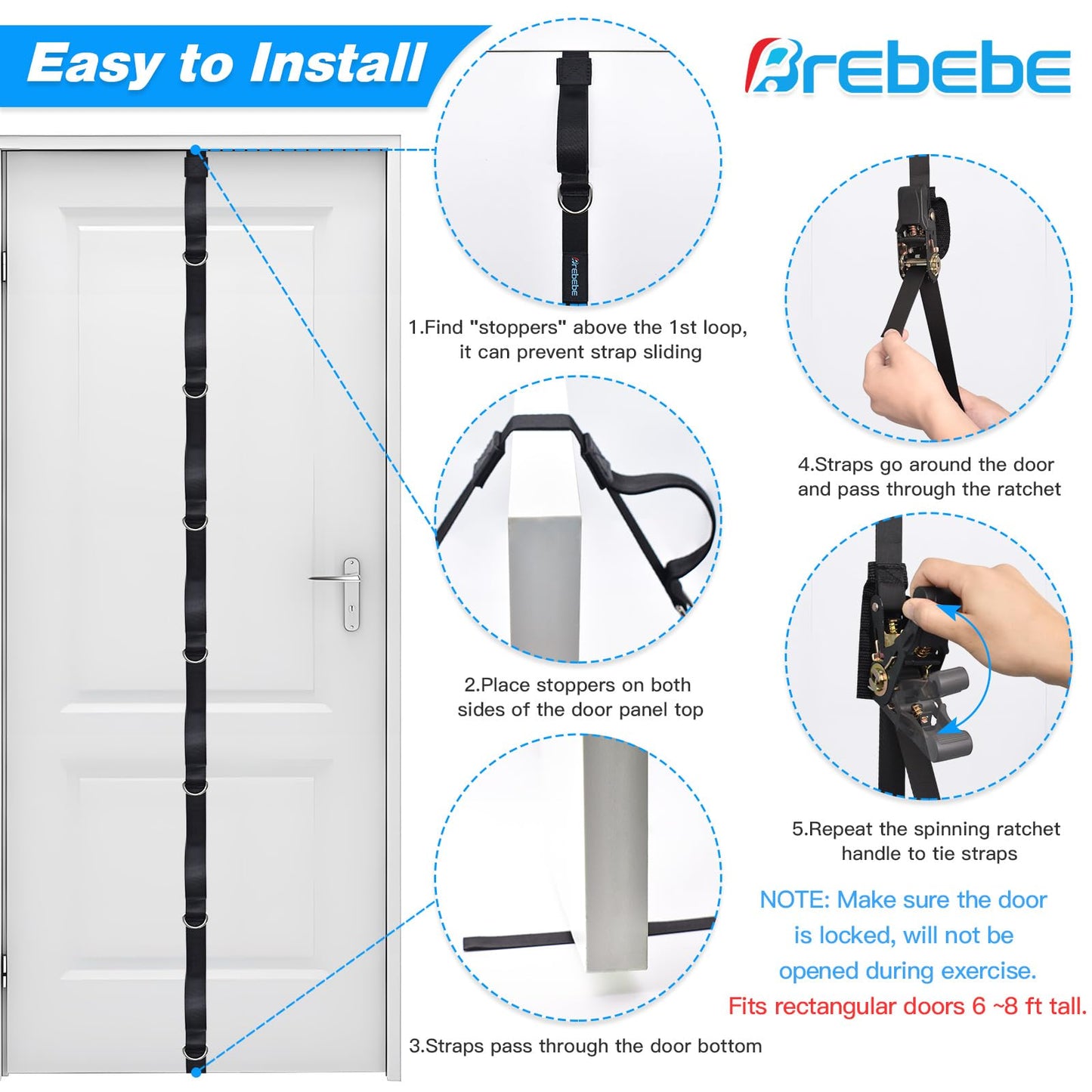 Brebebe Upgrade Door Anchor Strap for Resistance Bands Exercise, Multi Points Anchor Straps with 7 Loops+ 7 D Rings, Home Gym Workout Equipments with Ratchet Adjust Tighten Straps Not Loose, Sturdy