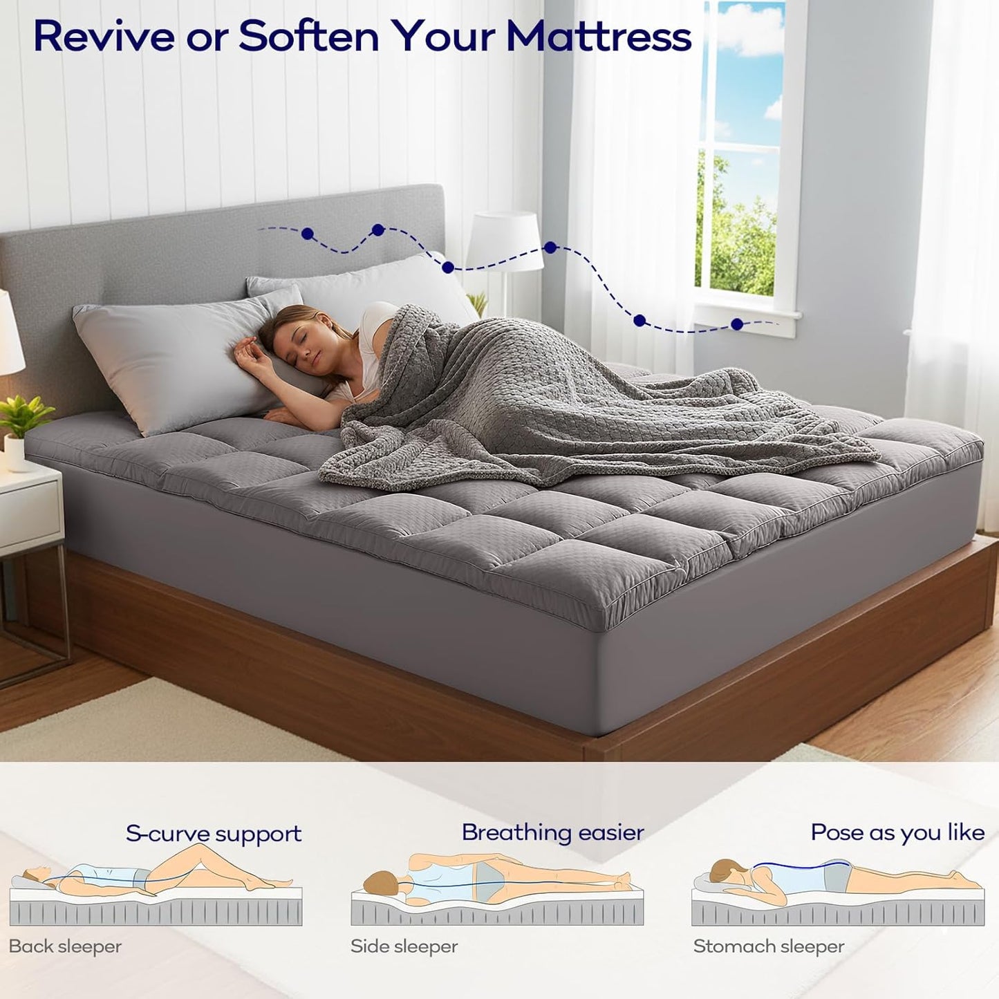 OLANLY Queen Size Memory Foam Mattress Topper - Dual-Layer 4 Inch Cooling Pillow Top, Light Grey