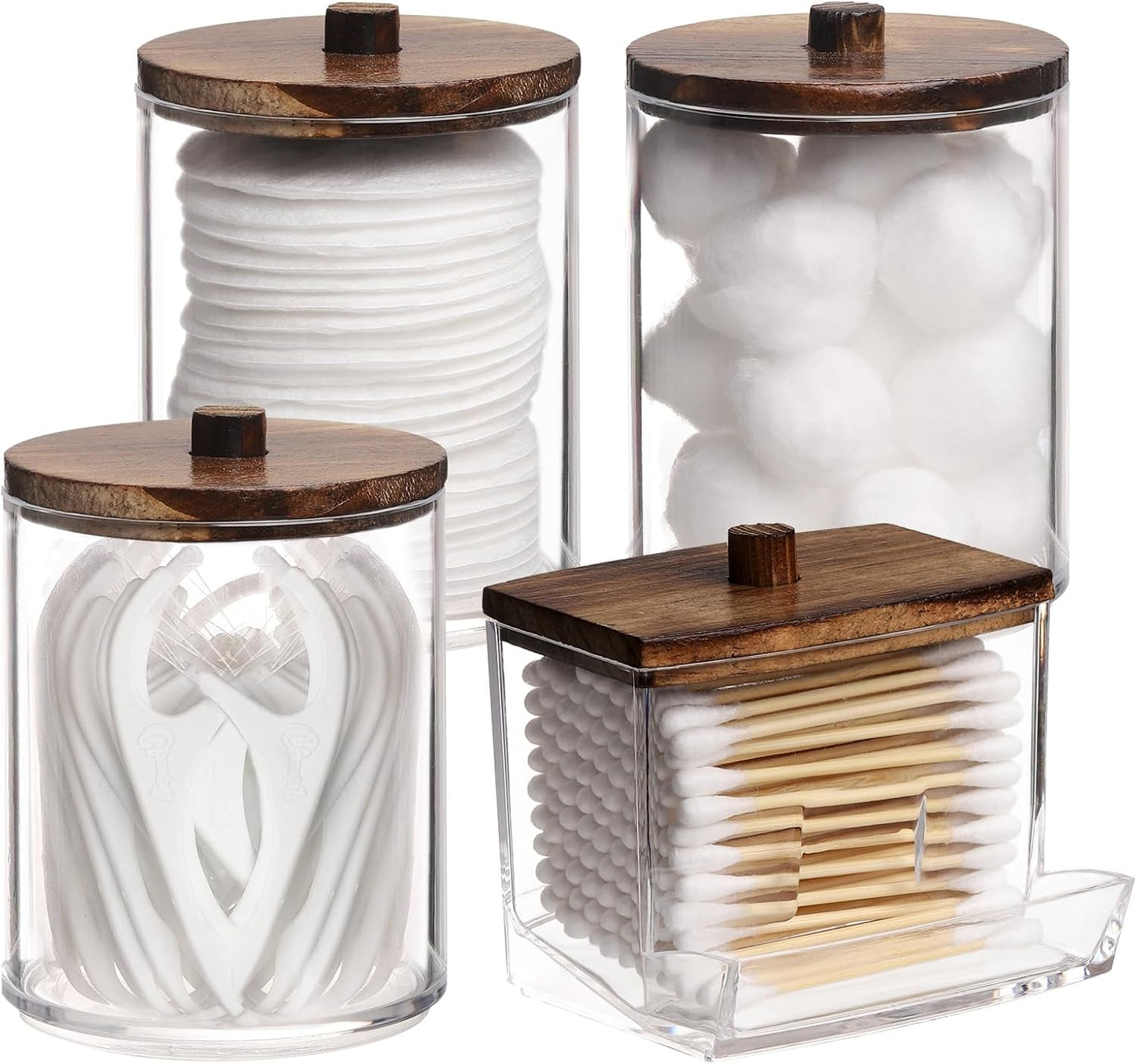Tbestmax Qtip Holder - 4 Pack Cotton Ball & Swabs Dispenser with Bamboo Lids | 10/7oz Apothecary Jar (Brown)