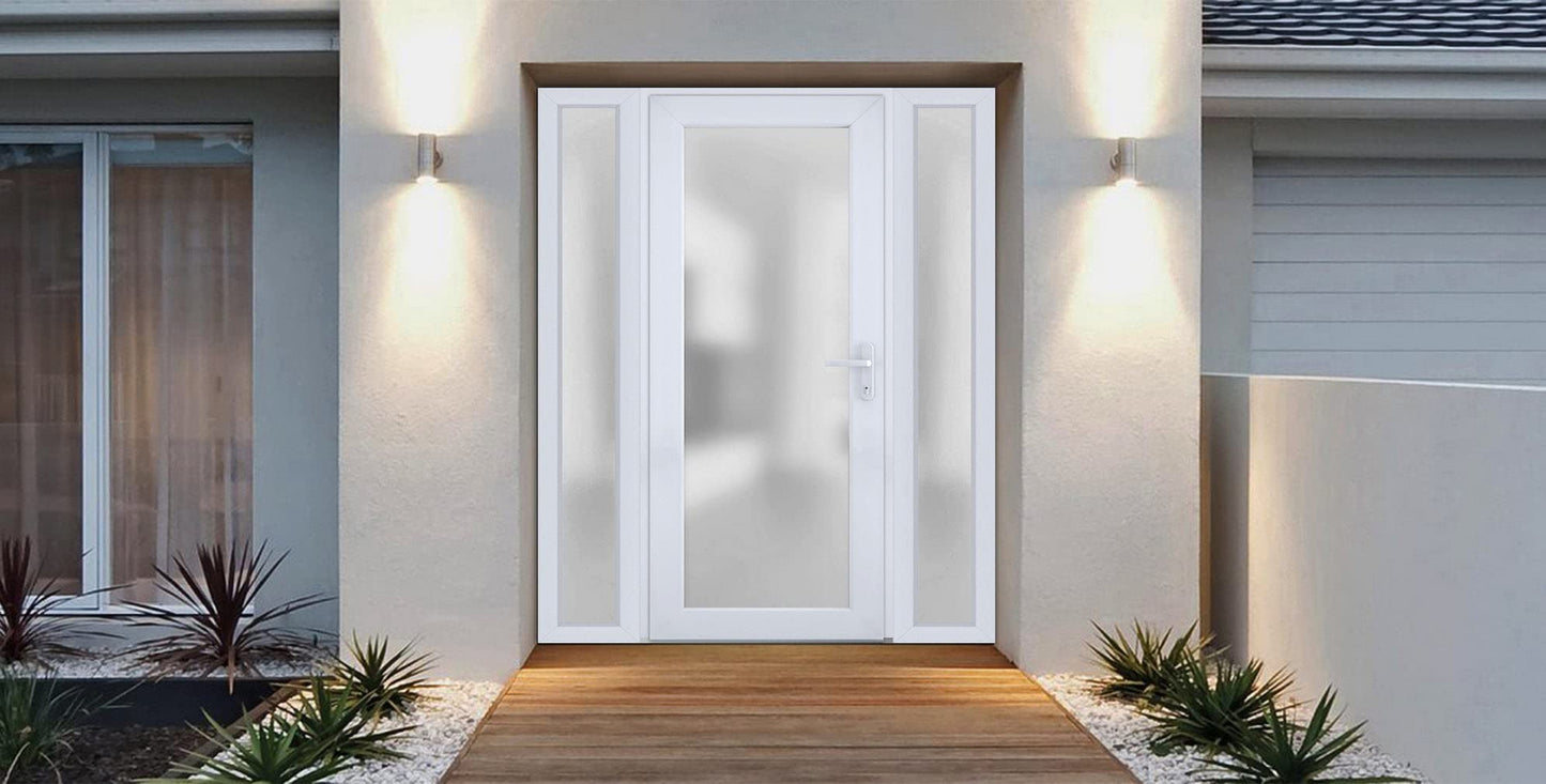 VDOMDOORS Front Exterior Prehung Fiberglass Door Frosted Glass/Manux 8102 White Silk / 2 Side Exterior Windows/Entrance Patio Garage-W12+30+12" x H80-Left-hand Inswing