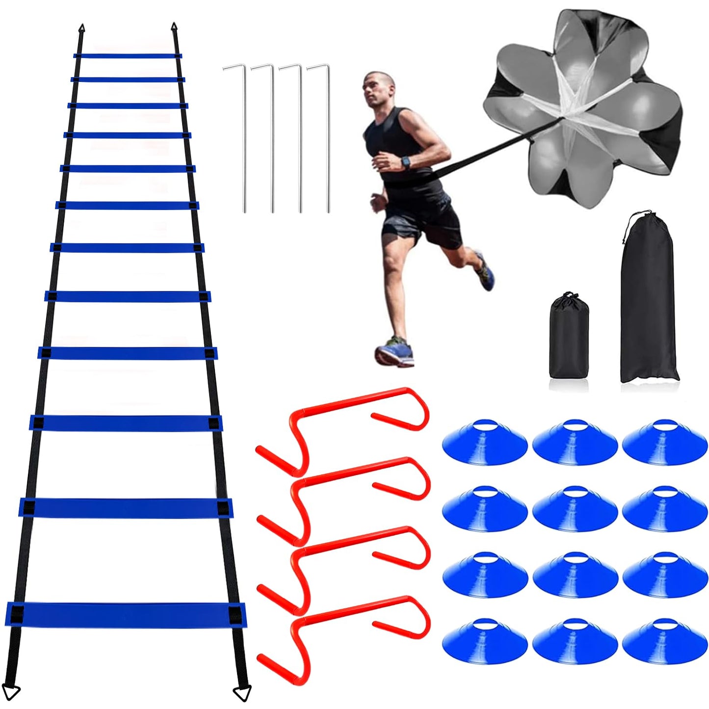 YEXEXINM Professional Agility Ladder Speed Training Equipment Set-20ft Agility Ladder,12 Soccer Cones, 4 Agility Hurdles, Running Parachute, Suitable for Soccer Football Basketball Training