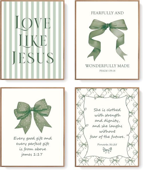 LARTSFRO Coquette Green Bow Wall Art - Inspirational Christian Decor for Teens | Set of 4 Unframed 10x8 Inch Prints