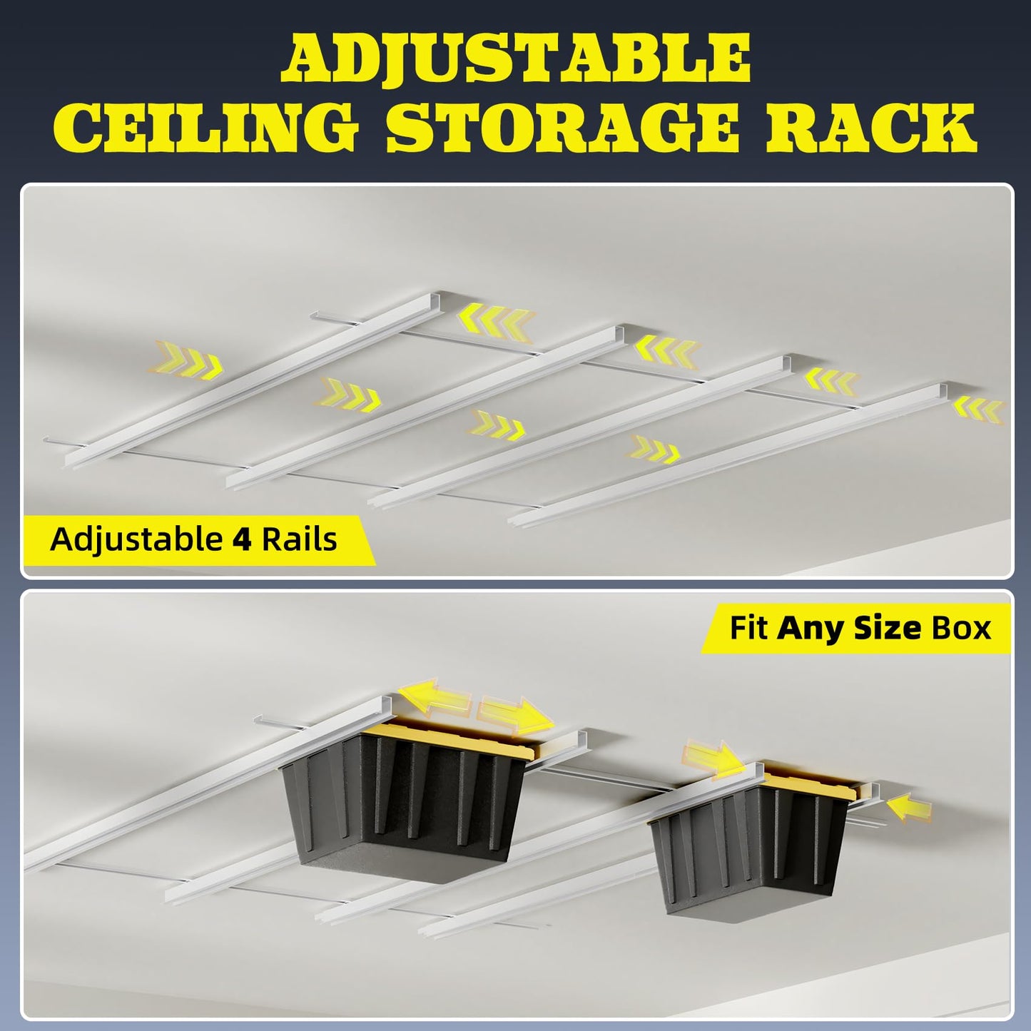 Mokemok Overhead Garage Storage Rack Extra Large-Organizes Up to 15 Tote Bins 0.1-inch Thickened Heavy Alloy Steel Garage Tote Storage System with Adjustable Rails-Ceiling Storage Rack