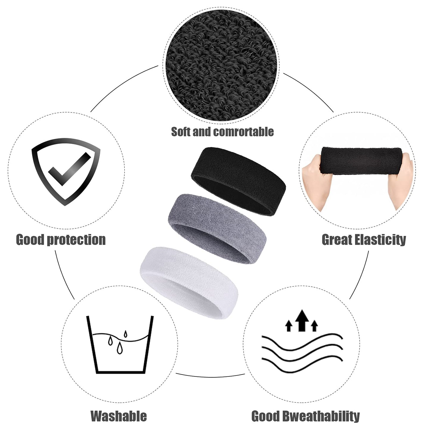 Bememo 12 Pcs Sweatbands Sport Headbands for Men & Women Basketball Headband Sport Competitions Sweat Headbands Running Terry Cloth Moisture Wicking for Yoga,Tennis,Gym,Exercise(Black, Grey, White)