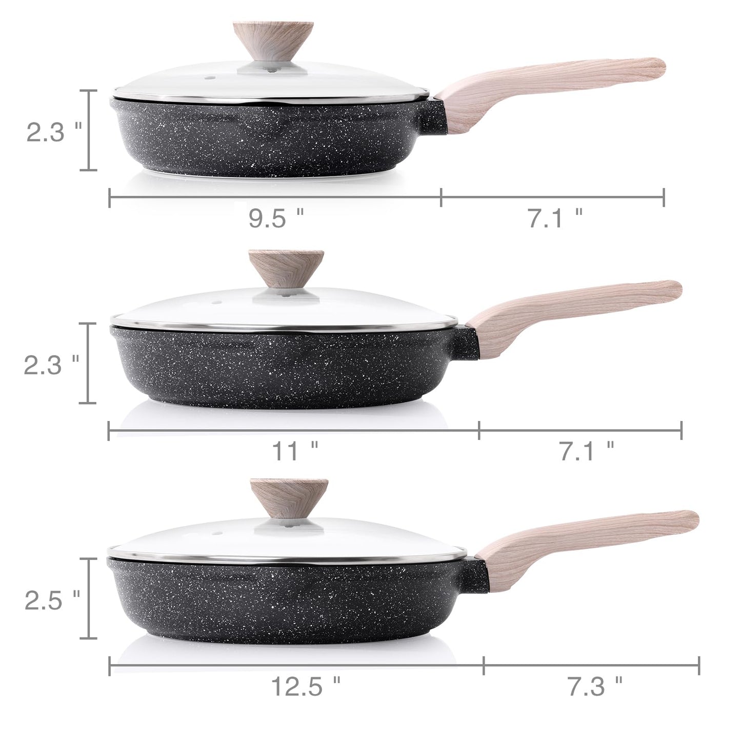Kordisen Nonstick Frying Pan Set with Lids, 3 Piece Skillet Set, Healthy Induction Cookware Cooking Pan, Stay-Cool Handle, Compatible with All Stovetops, PFOA Free (9.5, 11, 12.5 Inch)