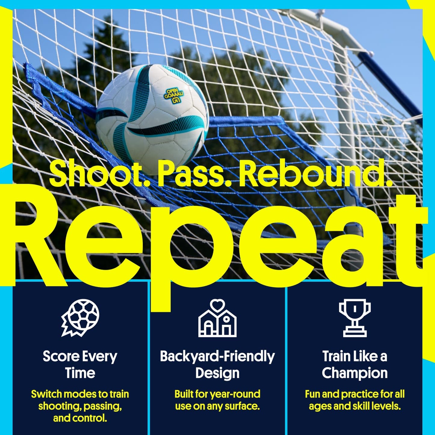 Open Goaaal 3-in-1 Soccer Rebounder Goal - 4 ft x 6 ft - Adjustable Angle Modes for Shooting Drills - Ground-Pass Setup for Passing Practice - High-Angle Rebound Net for Ball Control