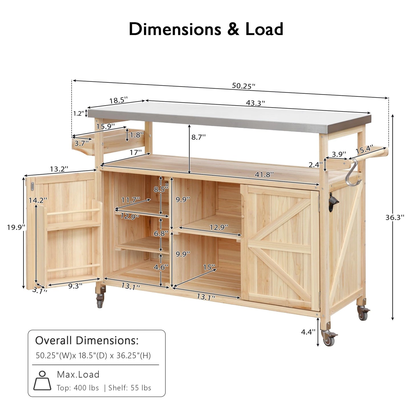 Sailret Outdoor Kitchen Island with Stainless Steel Top, Rolling Bar Cart & Storage Cabinet, 100% Solid Fir Wood BBQ Prep Station Grill Table with Spice Rack & Towel Holder (Natural, 50-Inch)