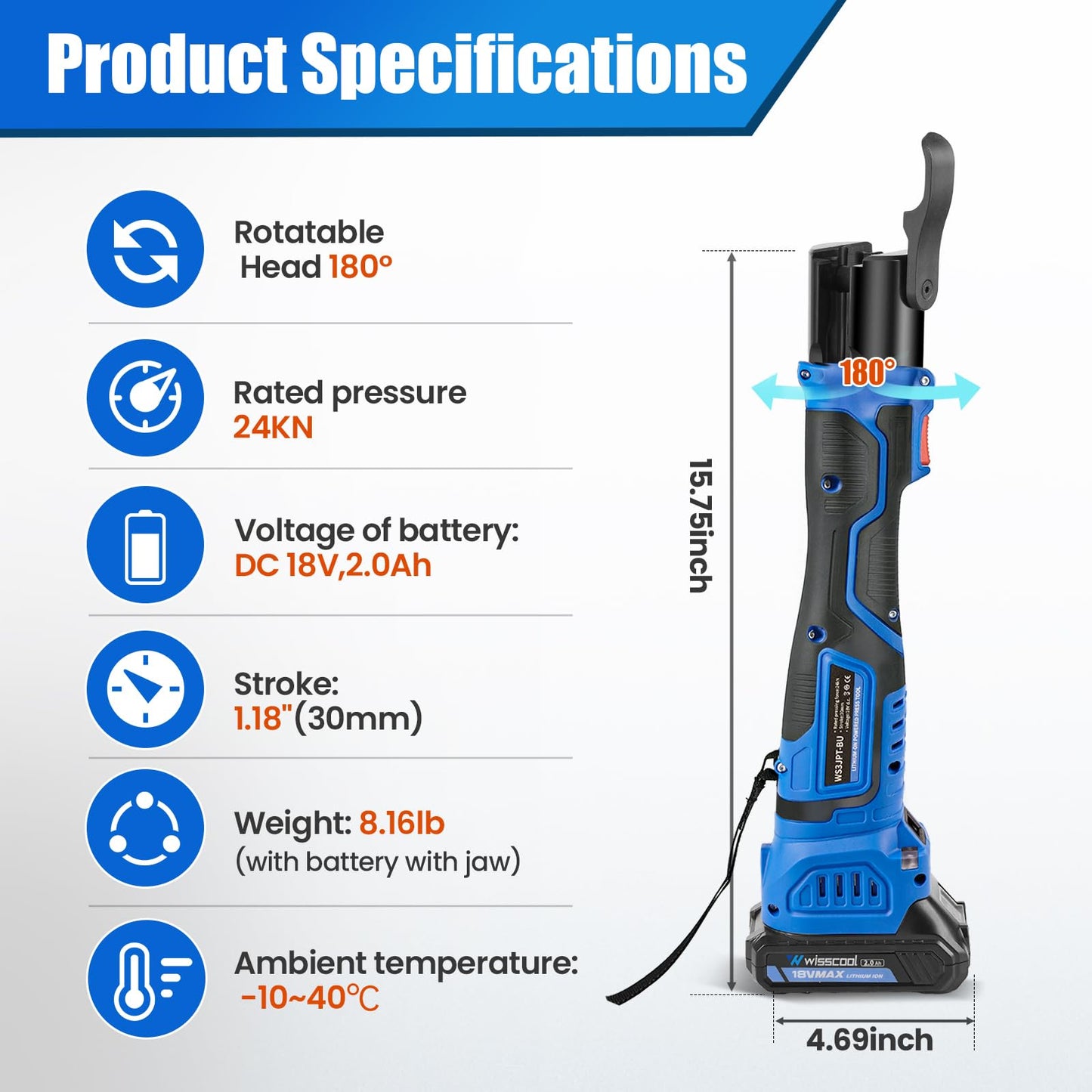 WISSCOOL Pro Press Tool for Copper Pipe 18V, Brushless Battery Copper Press Tool Kit, 24KN Electric Copper Pipe Crimping Tool for 1/2", 3/4", 1" Jaws, 2 x 2.0Ah Batteries, Fast Charger