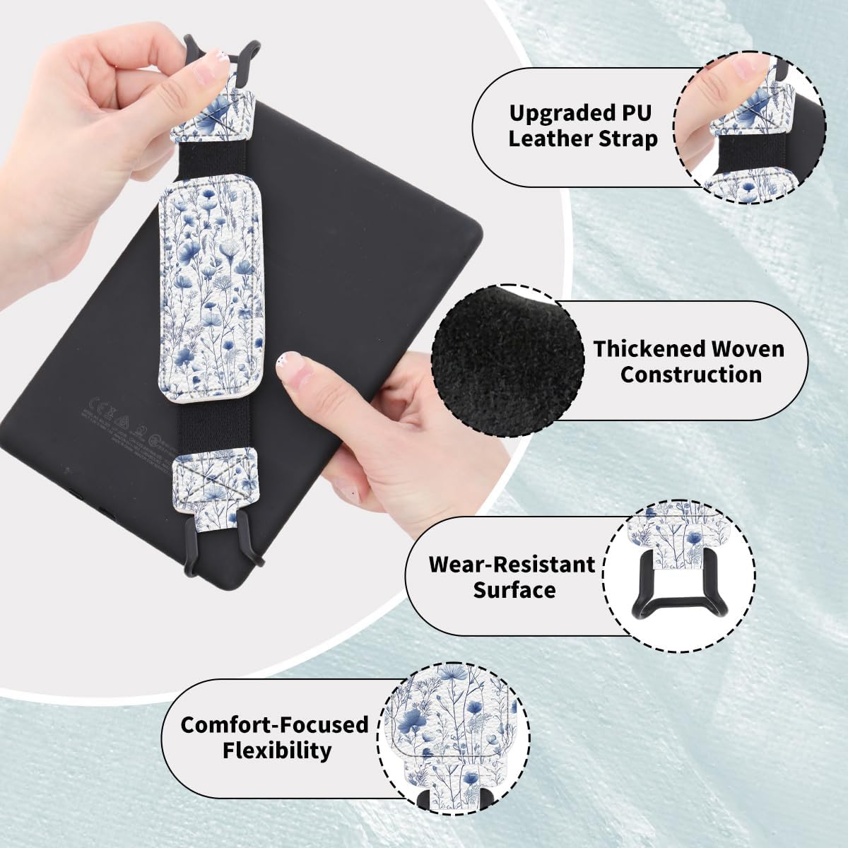 Koazava 6-7.5" Secure Hand Strap for Kindle and Tablets, Versatile Lightweight Faux Leather E-Book Grip Holder
