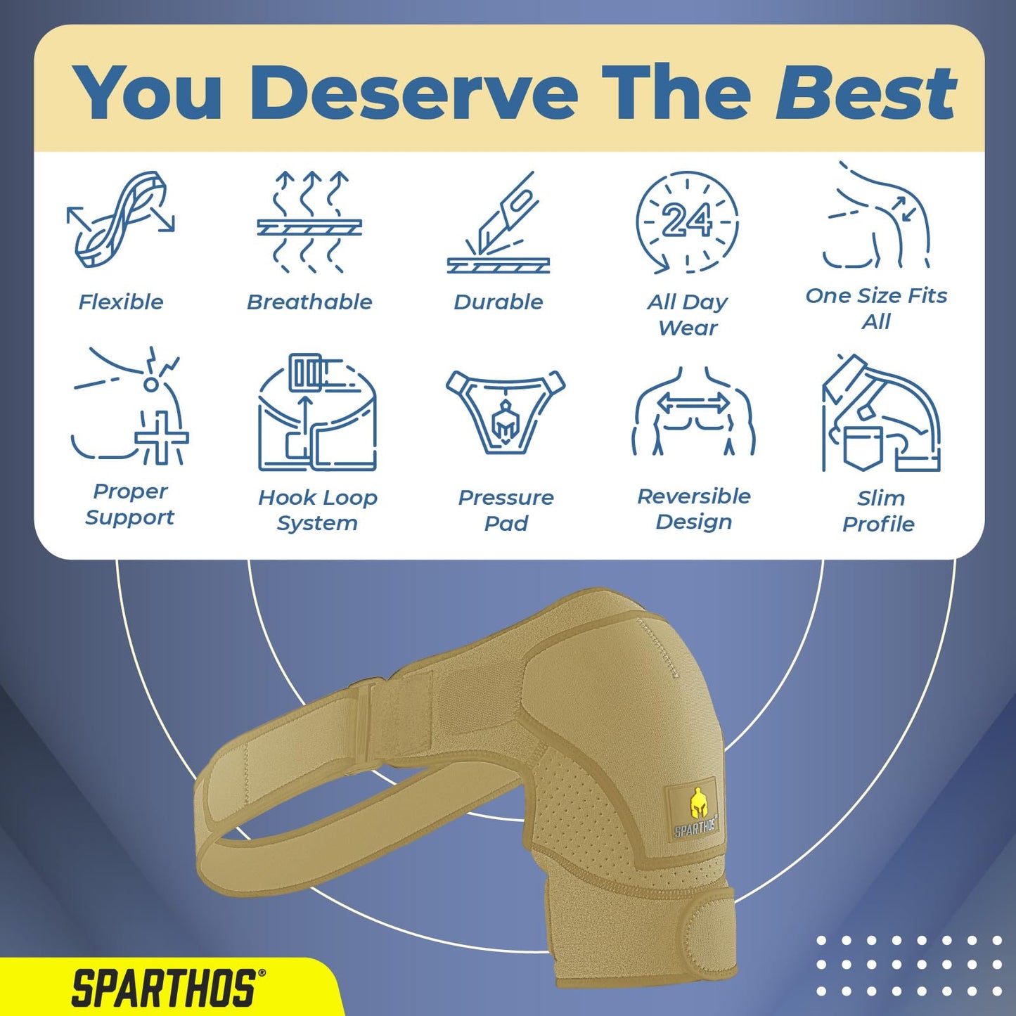 Sparthos Shoulder Brace - Support Sleeve for Torn Rotator Cuff, AC Joint Pain Relief - Arm Immobilizer Wrap, Ice Pack Pocket, Stability Strap, Dislocated Sholder - for Men and Women - Beige UNI