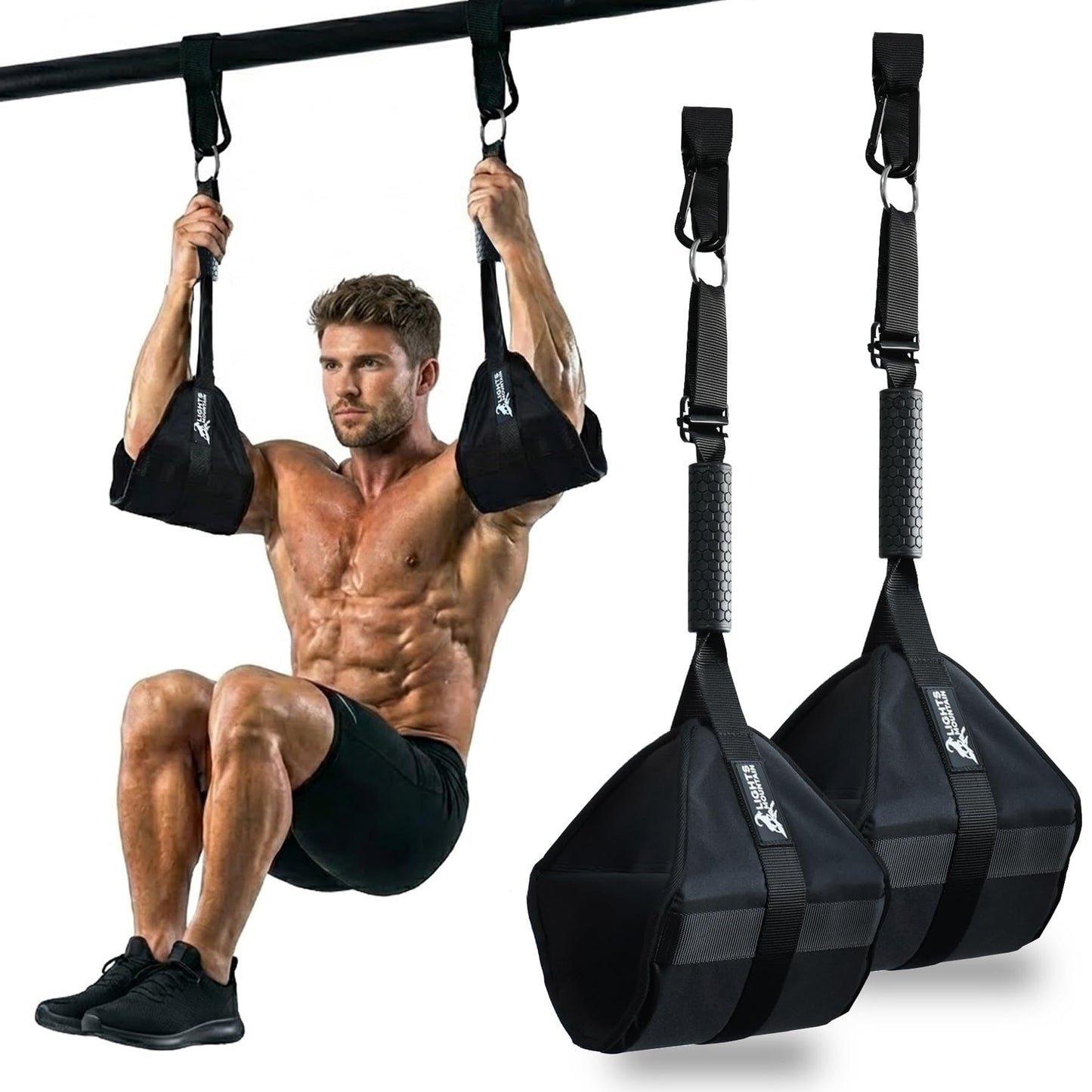 Lights Mountain Heavy-Duty Hanging Ab Straps for Pull-Up Bar, Support for Tall Athletes, Thick Padded Arm Cradle for Core Strength & Ab Training,Compatible with Pull-Up Bars & Cable Machines