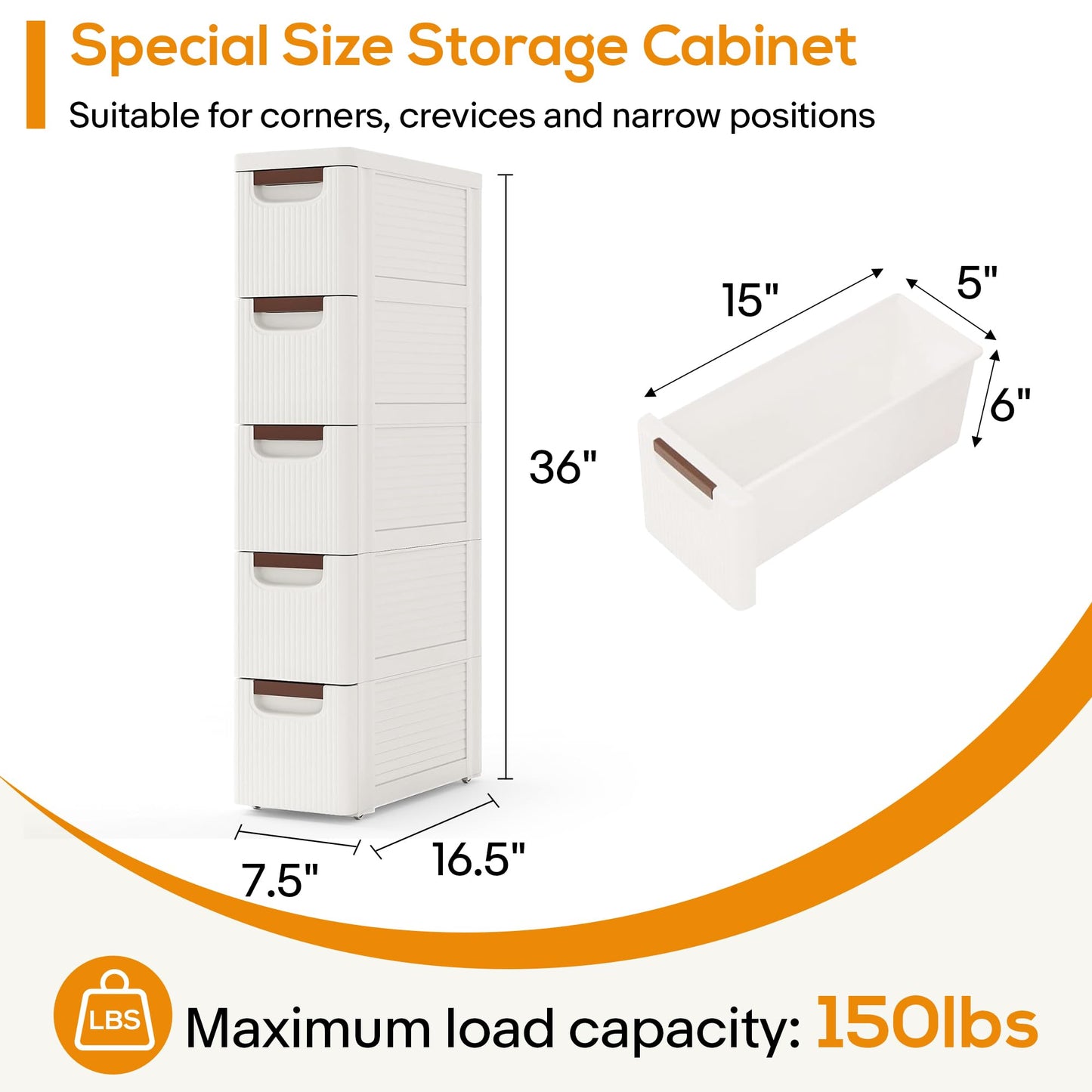 5 Drawers Slim Bathroom Storage Cabinet Dresser, Narrow Plastic Rolling Cart Organizer with Drawers, for Small Spaces, Kitchen, Laundry, Office, Bedroom, White