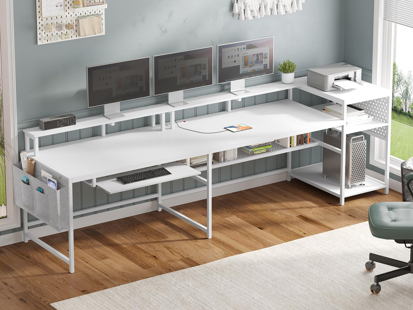 SEDETA L Shaped Gaming Desk, Reversible Computer Desk, Gaming Desk with Power Outlets & LED Strip, Monitor Shelf, Keyboard Tray, Pegboard and Storage Shelves for Home Office, White