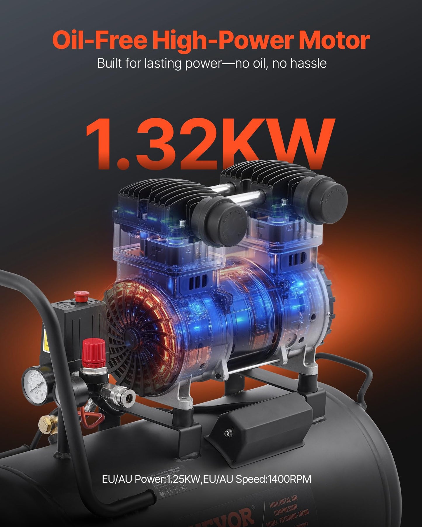 VEVOR Air Compressor, 15 Gallon Steel Tank, 2HP 5.3 CFM@90 PSI Oil Free Air Compressor & Max. 125PSI Pressure, 78dB Ultra Quiet Portable Compressor, for Auto Repair, Tire Inflation, Spray Painting