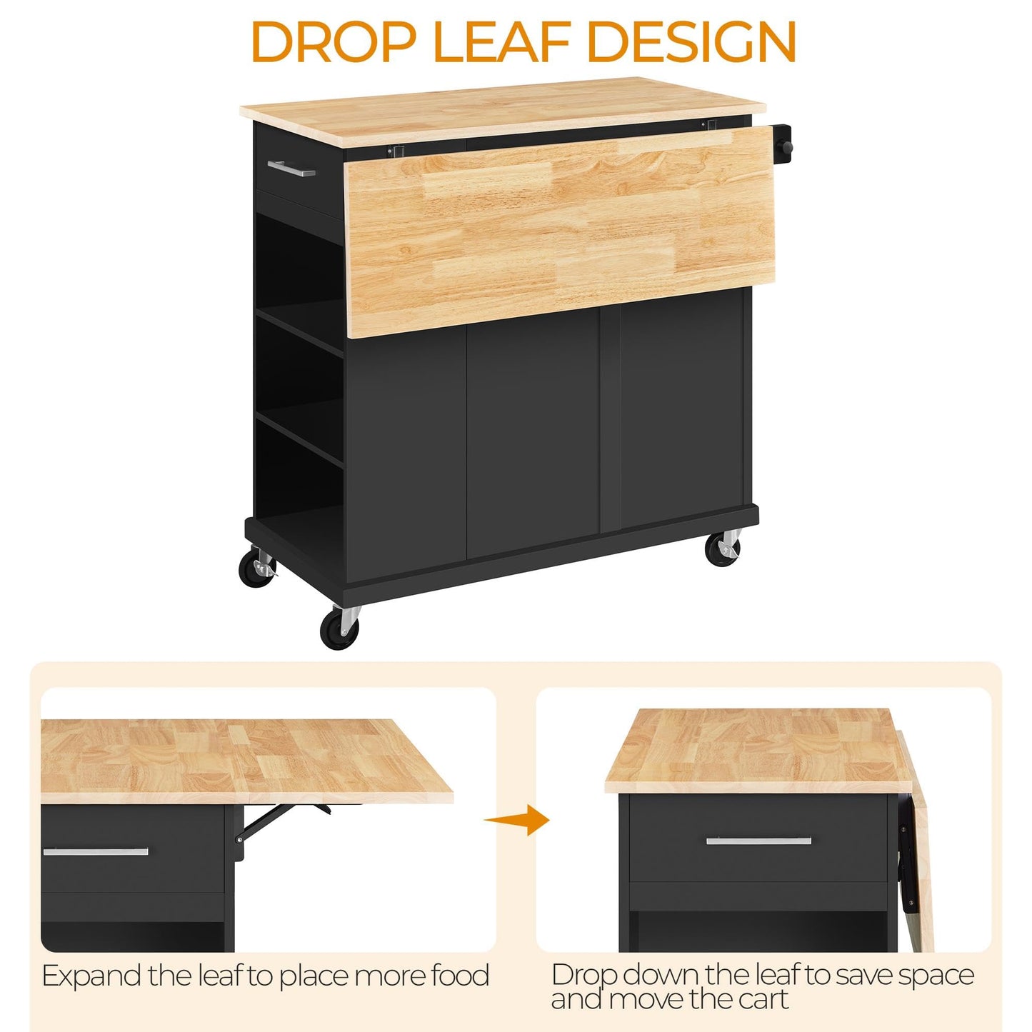 Yaheetech Rolling Kitchen Island Cart with Drop Leaf, Portable Rubberwood Breakfast Bar with Storage Cabinet, Open Shelves & Detachable Towel, 2 Drawers, Black