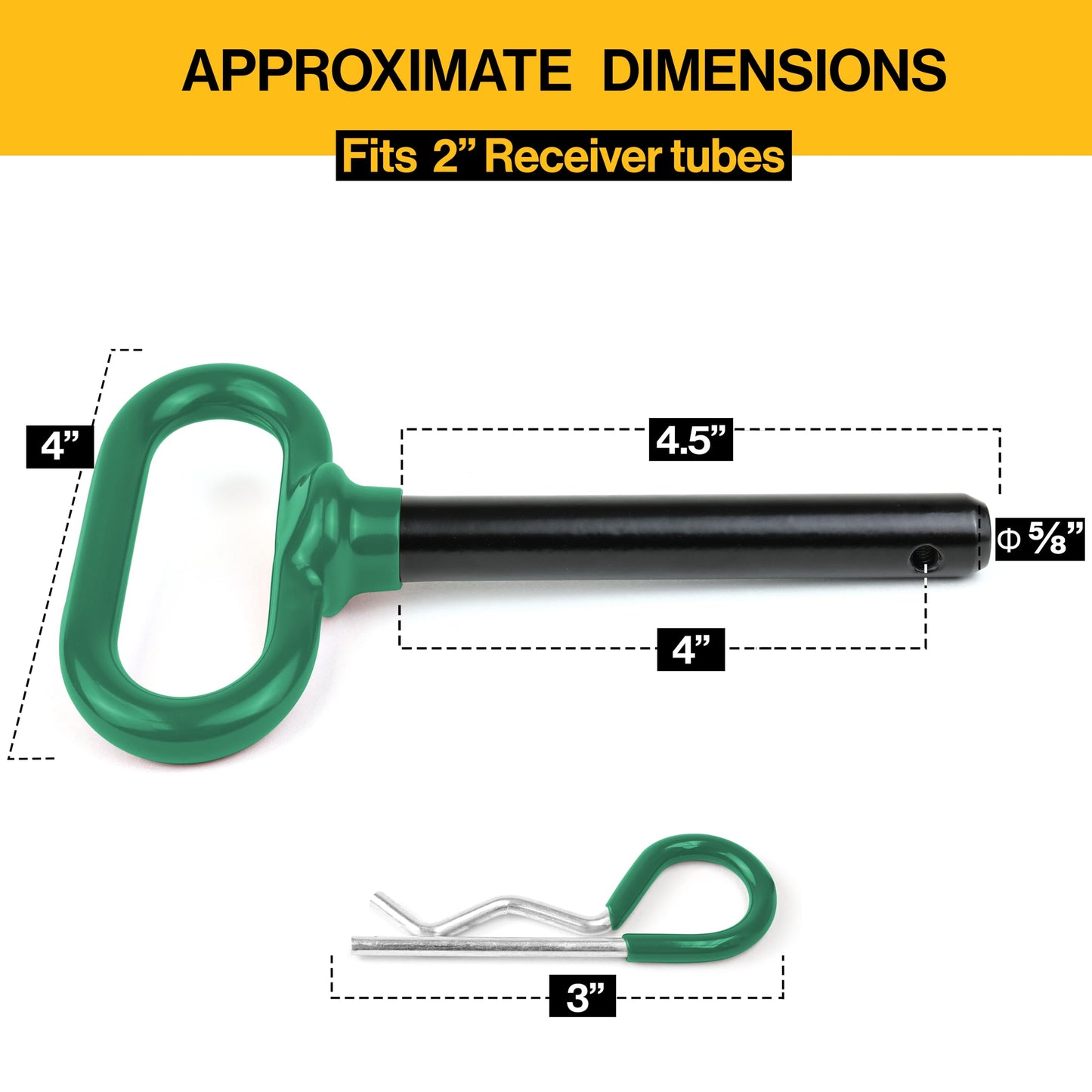 Wellmax 2-Pack 5/8" x 4-1/2" Steel Hitch Pin with 4pcs 3" R Clip, Clevis Pin Hitch with Rubber-Coated Handle, Green Color