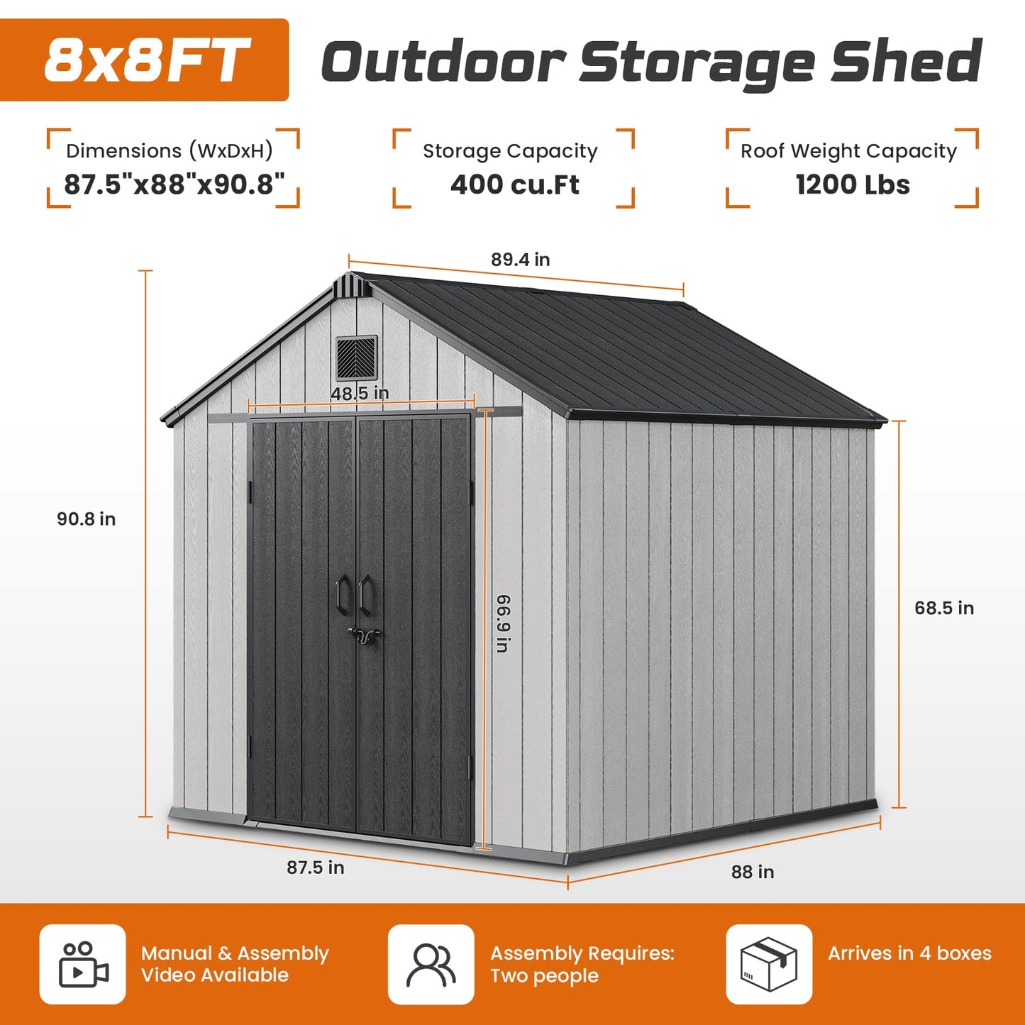 Jocoevol Outdoor Storage Shed, 8x8FT Resin Shed with Floor/Windows/Lockable Door/Vents, 15mm Thickened Heavy Duty All-Weather Garden Tool Shed for Backyard, Patio, Lawn, Gray