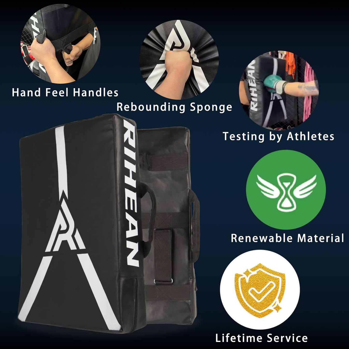 RIHEAN Martial Arts Kicking Shields - Kick Pad for Muay Thai, Taekwondo, Football, Basketball, Hockey Training - Denser Foam, Eco-Friendly PVC Leather Cover - Kick Shield Black