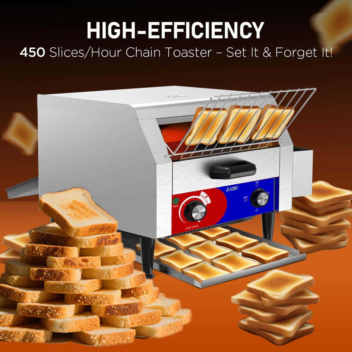 HTTSICHI Commercial Conveyor Toaster w/ 3 Slice Wide Slot, 450 Slice/hour Commercial Toaster w/ 14.1’’ Wide and 3‘’ Opening, Industrial Kitchen Cooking bagel w/Stainless Steel and Heavy Duty